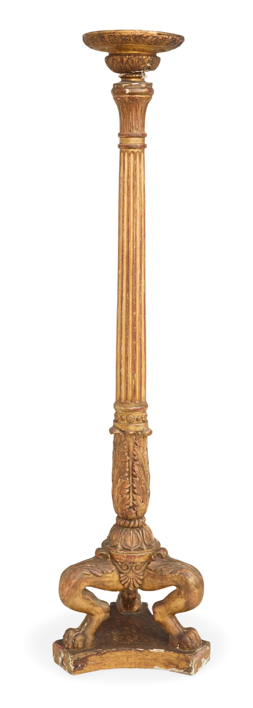 Italian Giltwood Torchere: Italian Giltwood Torchere early 19th century, the circular top with a carved edge, supported by a fluted standard with a lotus-carved capital, and an acanthus-carved base raised on paw feet, separated