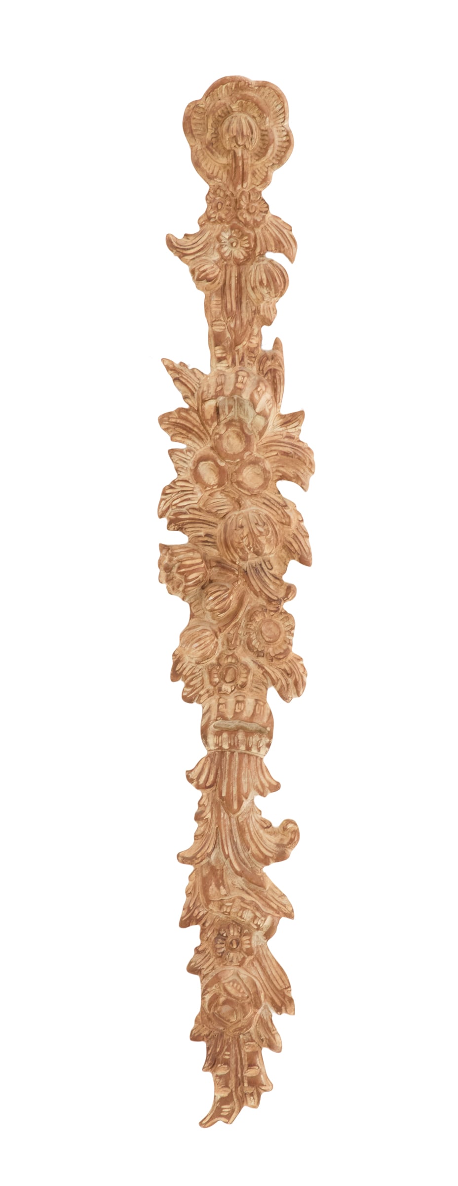 Italian Limed Wood Applique: Italian Limed Wood Applique 20th century, carved with ribbon-bound flowers and leaves, marked "Made in Italy" on the back. h. 46", w. 7-1/2" Provenance: The collection of Clarence G. Ochsner, Wabasha,