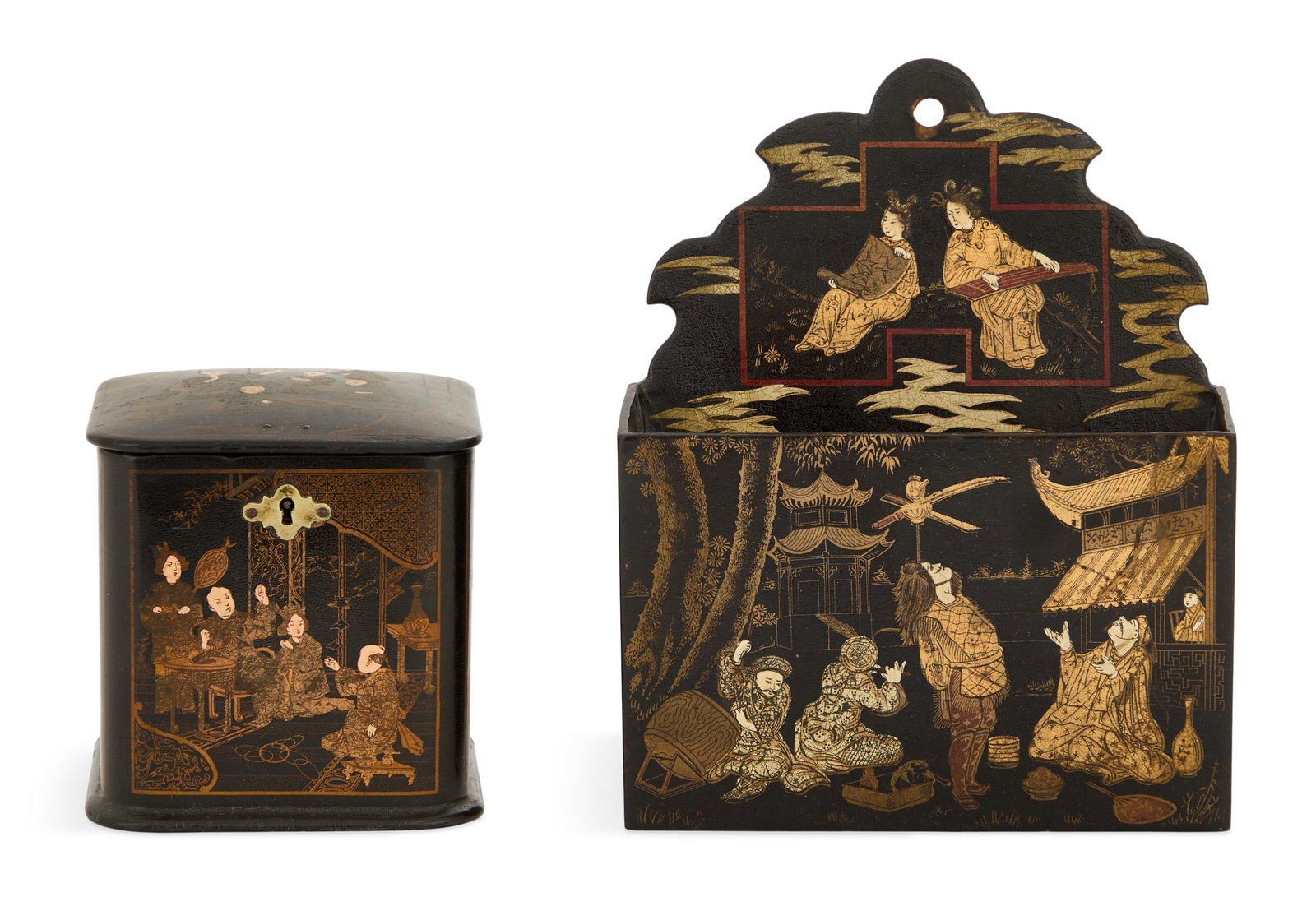 Two English Papier-Mache Objects: Two English Papier-Mache Objects late 19th century, including a wall pocket, h. 8-1/4", w. 6-3/4", d. 2", and a tin-lined tea caddy with a hinged cover, h. 4-1/2", w. 4-1/4", d. 4-1/4", each decorated