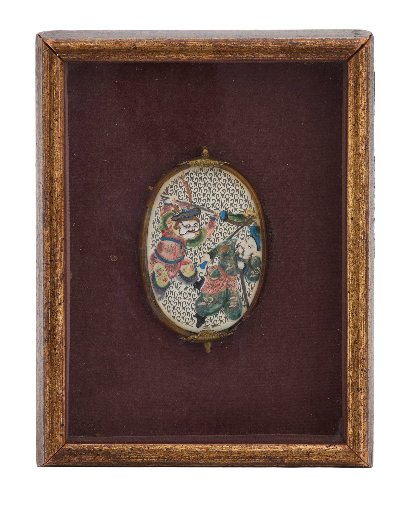 Chinese Painted and Pierced Bone Plaque: Chinese Painted and Pierced Bone Plaque 19th century or earlier, in a surround with brass fittings, the oval plaque decorated with two polychrome warriors, on mirrored backs and now in a later
