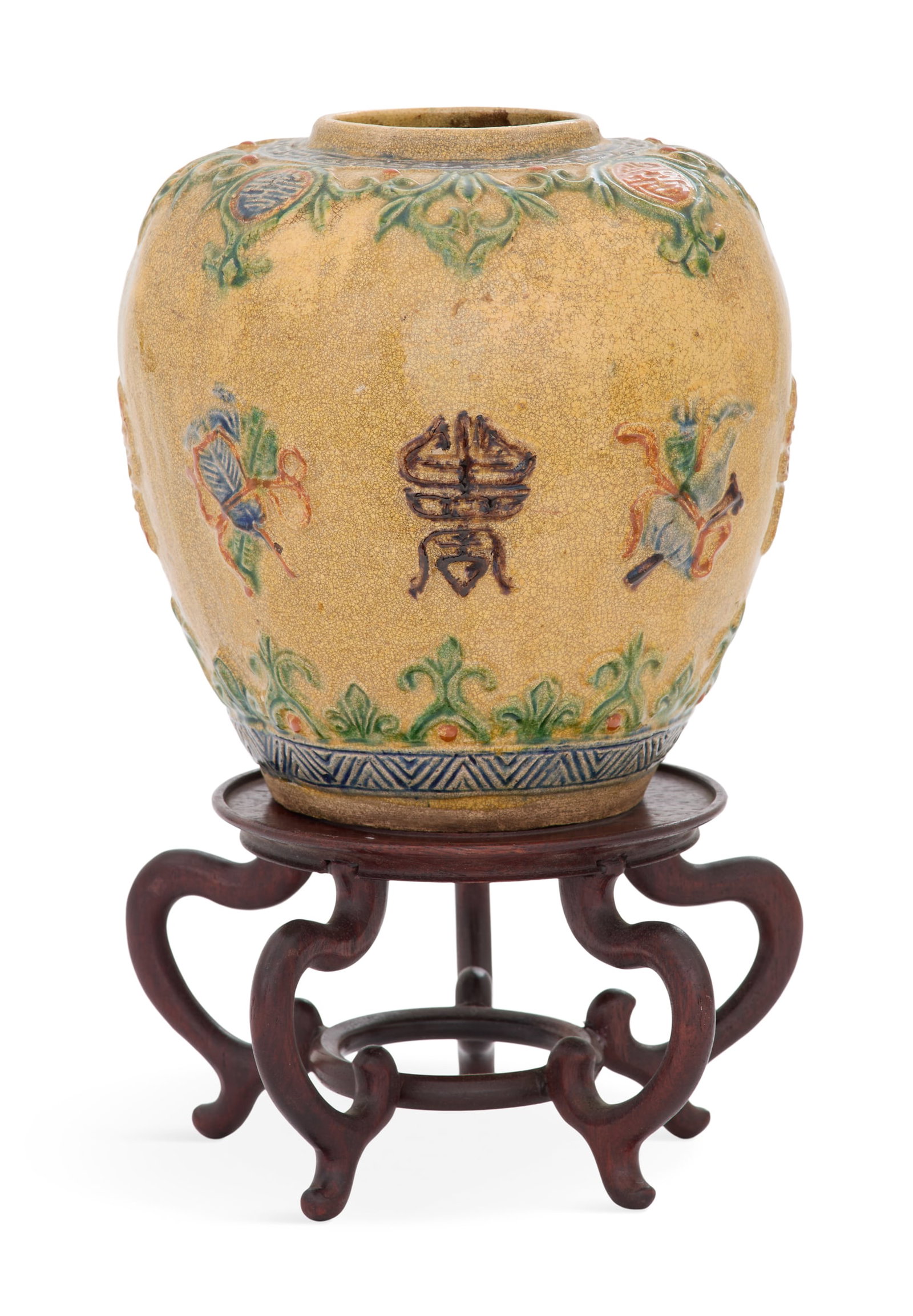 Chinese Molded Pottery Martaban Jar: Chinese Molded Pottery Martaban Jar Qing Dynasty (1644-1912), in the Ming taste, the sancai-glazed jar decorated with molded characters and various symbols, the bottom with a molded character mark, ra