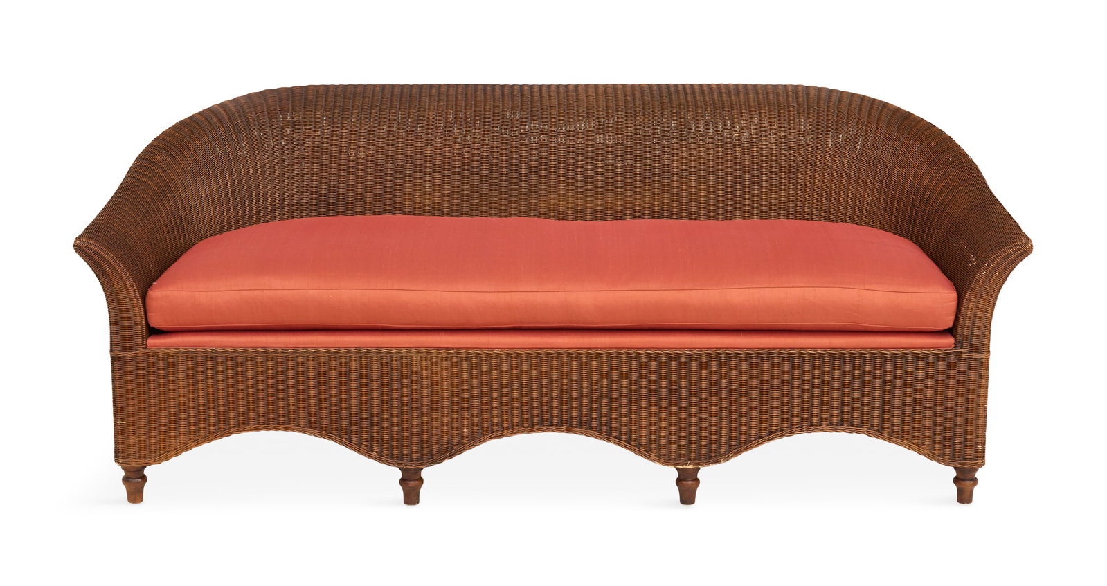 Large Stained Wicker Sofa: Large Stained Wicker Sofa with a woven back and down-curved wrap-around arms, fitted with a reversible silk-covered seat cushion, raised on turned legs. h. 33", w. 82", d. 33"