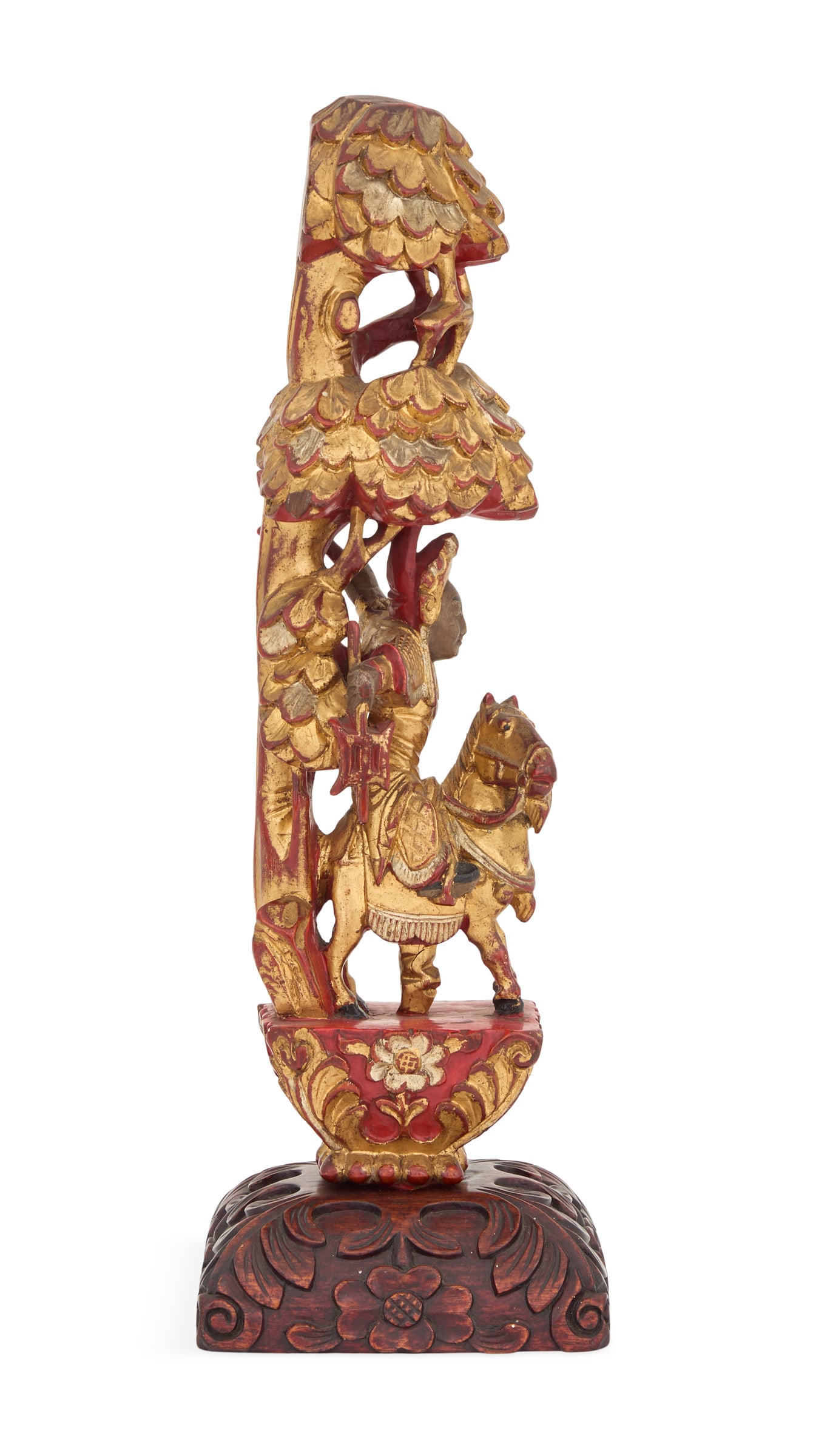 Parcel-Giltwood Figure of a Chinese Warrior: Carved and Parcel-Giltwood Figure of a Chinese Warrior the figure with a painted face, riding a horse and wielding a battle axe, beside a pierce-carved tree, all with gilt and red-painted accents, abo