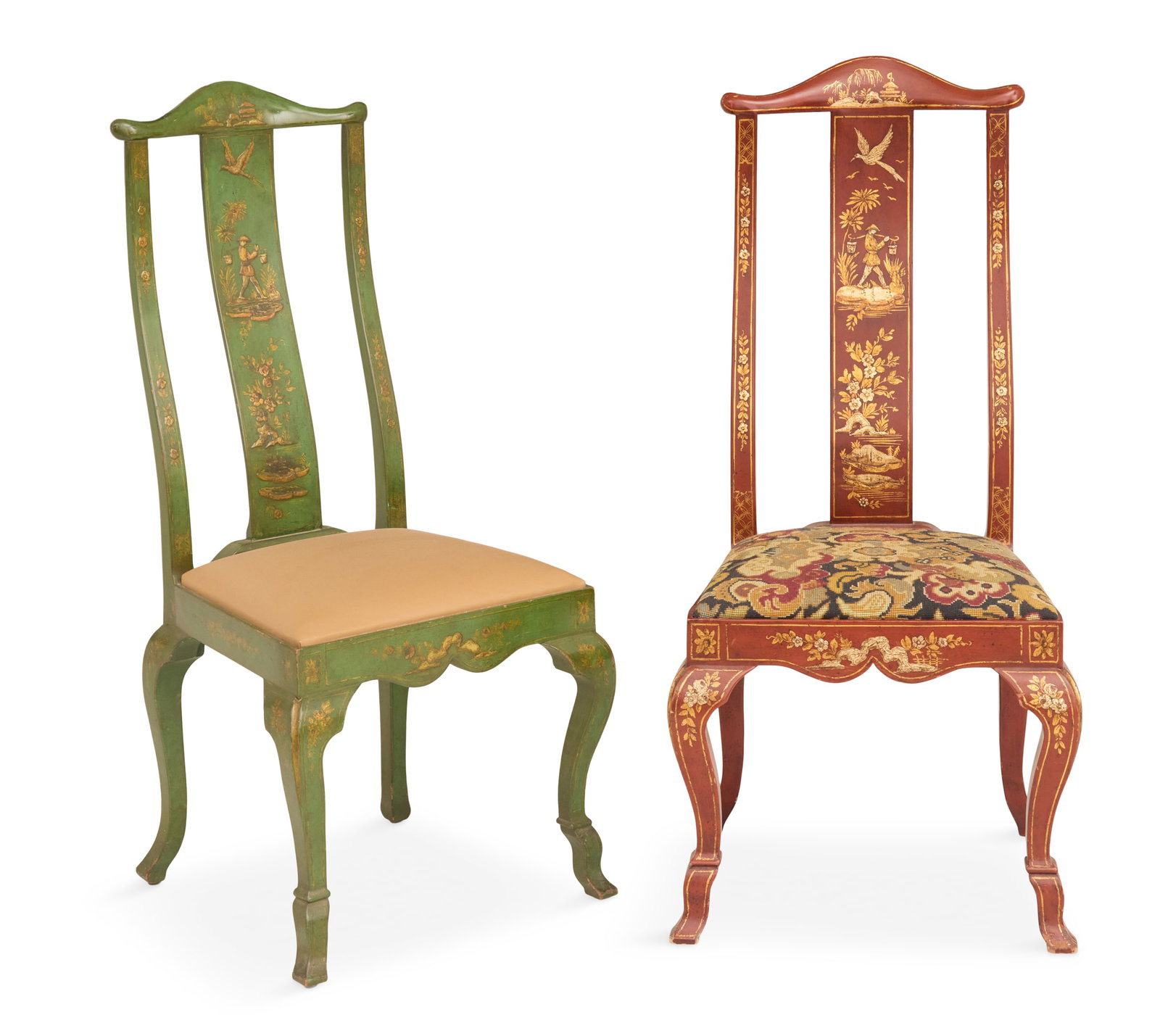 Two Chinoiserie-Decorated Side Chairs: Two Chinoiserie-Decorated Side Chairs 20th century, one in red lacquer and one in green lacquer, each with traditional scenes, slip seat and cabriole legs. h. 46-1/2", seat h. 20", w. 21", d. 20"
