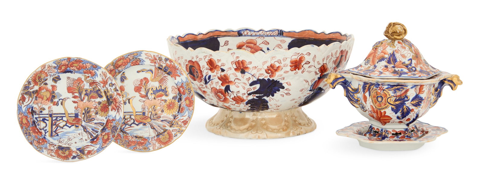Four Pottery Objects in the Imari Palette: Collection of Four Pottery Objects in the Imari Palette 19th century, the collection including a Mason's ironstone faceted sauce tureen and cover, with an impressed mark, h. 8", dia. 6-3/4", a pair of
