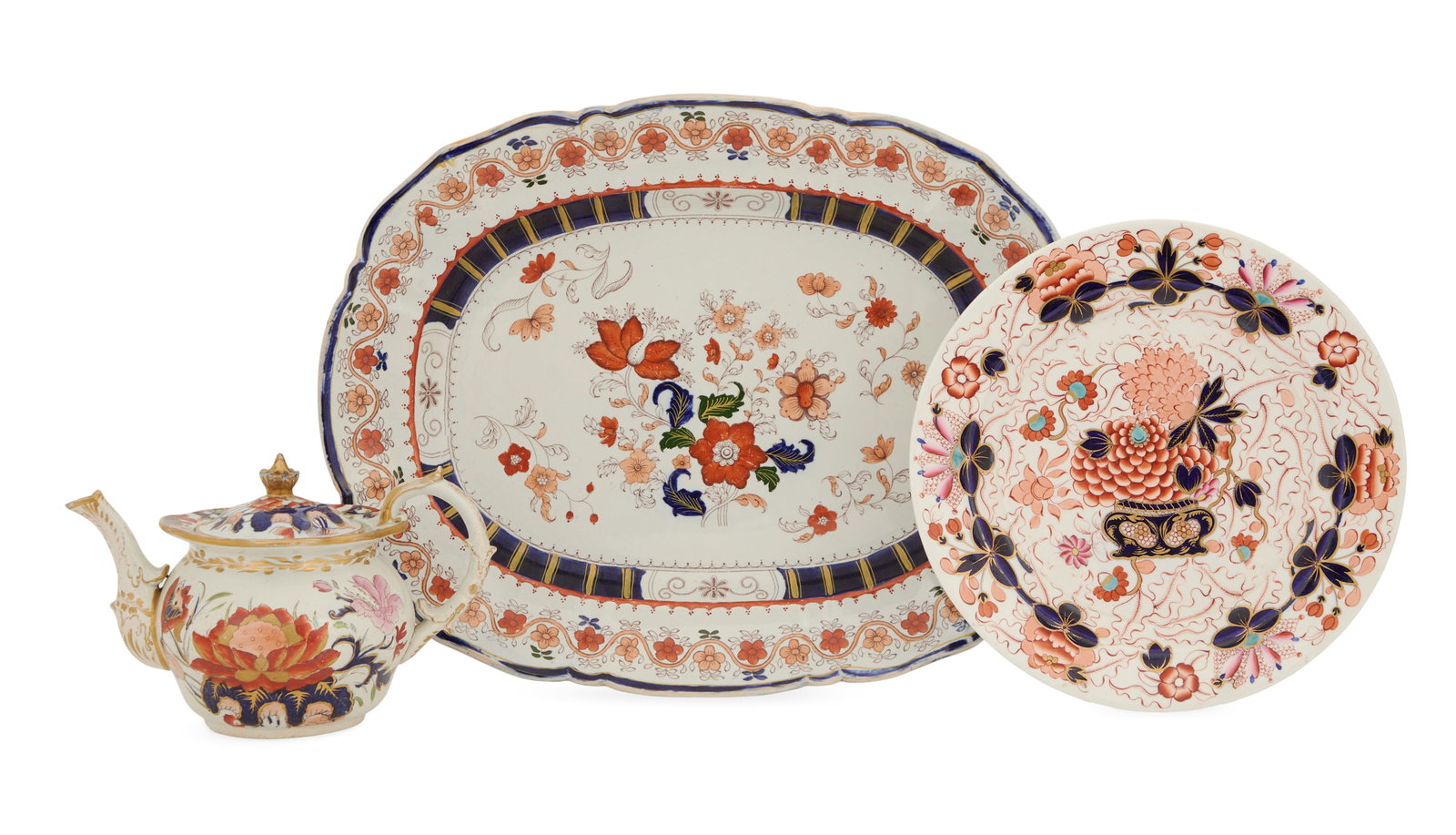 Three Pieces of Ironstone Porcelain Objects: Three Pieces of Ironstone Porcelain Objects 19th century, in the Imari palette, including a "Royal Lily" teapot, unmarked, h. 7", w. 9", d. 6", a large platter in an unidentified "Japan" pattern, with