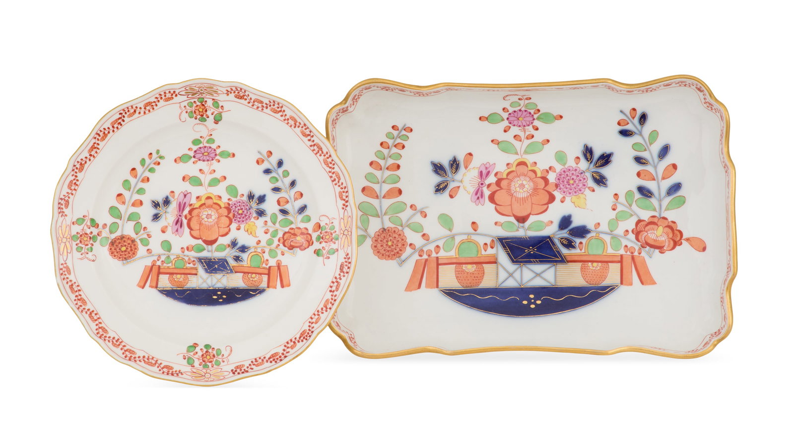 Two Pieces of Meissen Porcelain: Two Pieces of Meissen Porcelain ca. 1861-1924, in the "Tischemuster" pattern, including a dessert dish, w. 7-1/2", l. 11", and a dessert plate, dia. 8", with underglaze crossed sword marks.