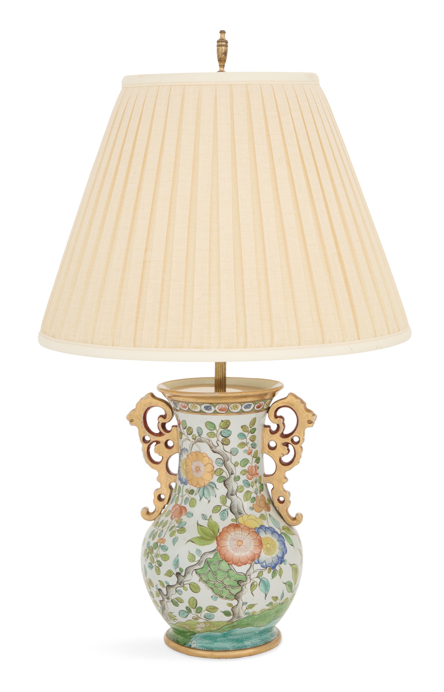 English Mason's Ironstone Attributed Vase Lamp: English Mason's Ironstone Attributed Vase Lamp early 19th century, decorated with polychrome clobbered flowering branches, the sides set with distinctive Mason's Chinese-style handles, unmarked, fitte