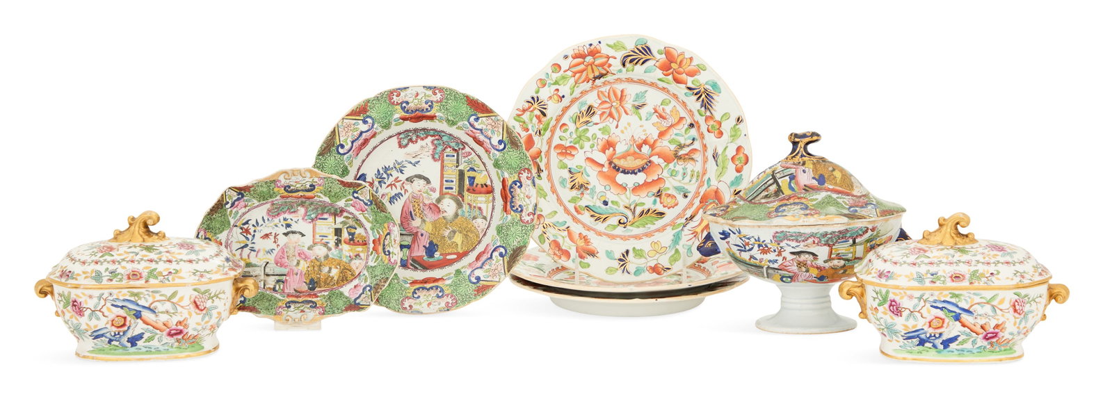 Eight-Piece Collection of English Ironstone: Eight-Piece Collection of English Ironstone 19th century, the collection including a Mason's sauce tureen with an integral stand and undertray, with circular impressed marks, h. 7-3/4", w. 7-1/4", d. 