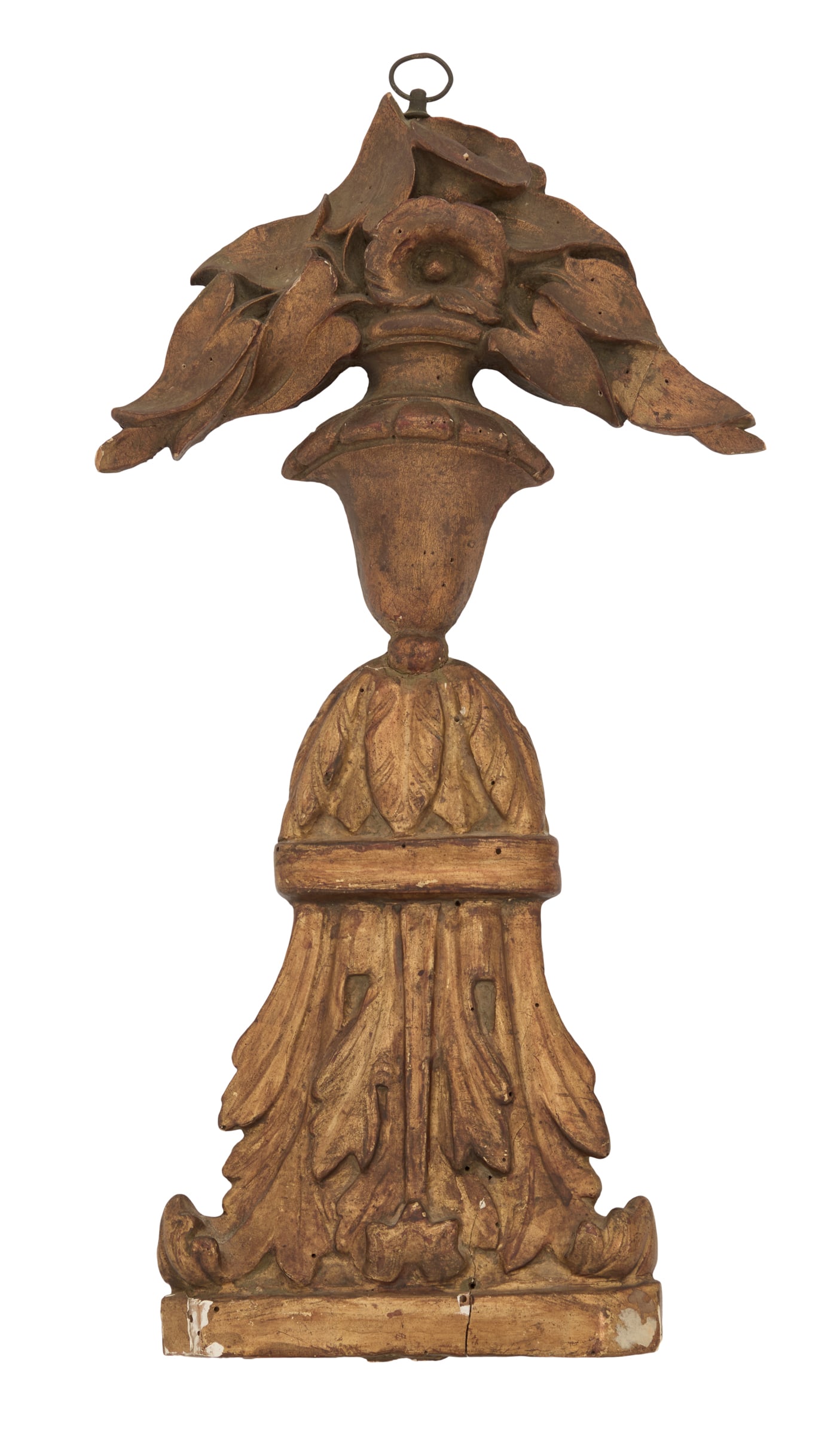 Carved Giltwood Applique: Carved Giltwood Applique early 19th century, the applique with a vase of morning glories resting on an acanthus-leaf-carved base, fitted for hanging. h. 15-3/4", w. 9-1/2" Provenance: The collection o