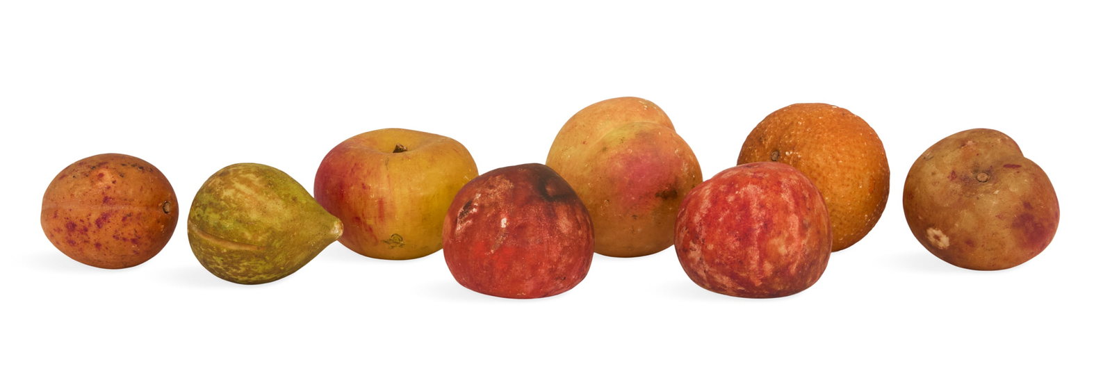 Eight Pieces of Italian Alabaster Fruit: Eight Pieces of Italian Alabaster Fruit 19th century, the painted group including apples, oranges, peaches and plums. h. 2" to 2-3/4", dia. 2-1/4" to 2-3/4" Provenance: The Estate of A. Hays Town, Bat