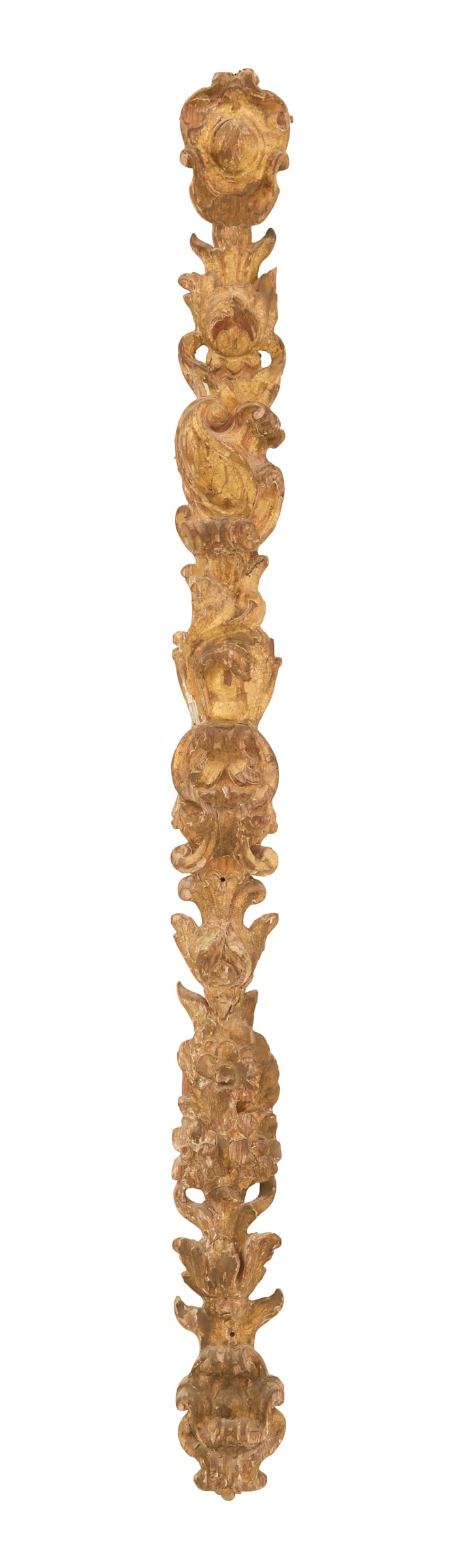 Italian Giltwood Applique in the Baroque Taste: Italian Giltwood Applique in the Baroque Taste 19th century, with a cabochon-carved crest at the top, carved with scrollwork and flower heads. h. 65", w. 5" Provenance: The collection of Clarence G. O