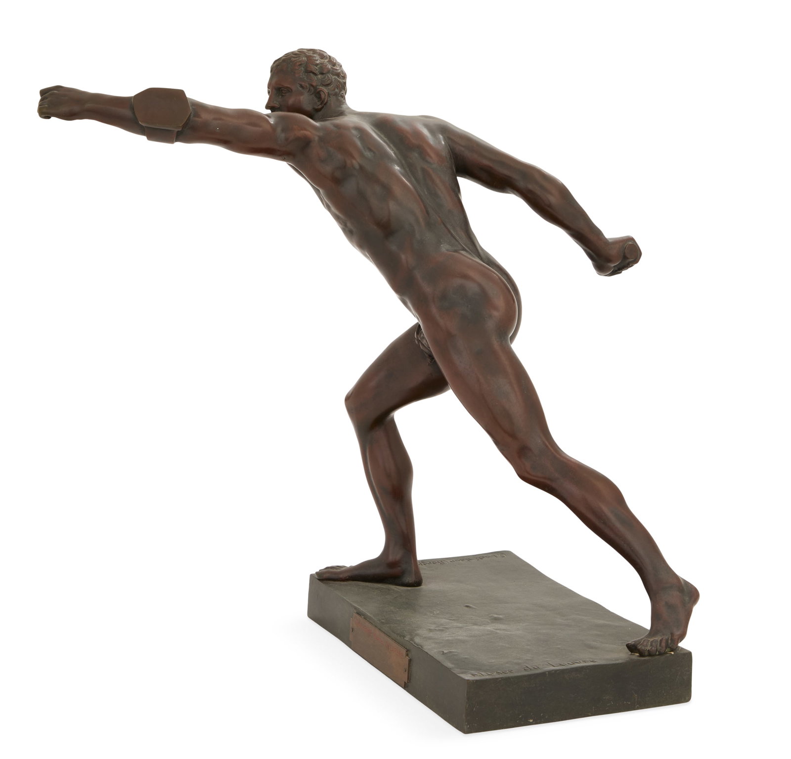 Italian Bronze of the "Borghese Gladiator": Italian Patinated Bronze of the "Borghese Gladiator" first quarter 20th century, now believed to represent a warrior, after the ca. 100 BCE sculpture by Agasias of Ephesus excavated in the 17th centur