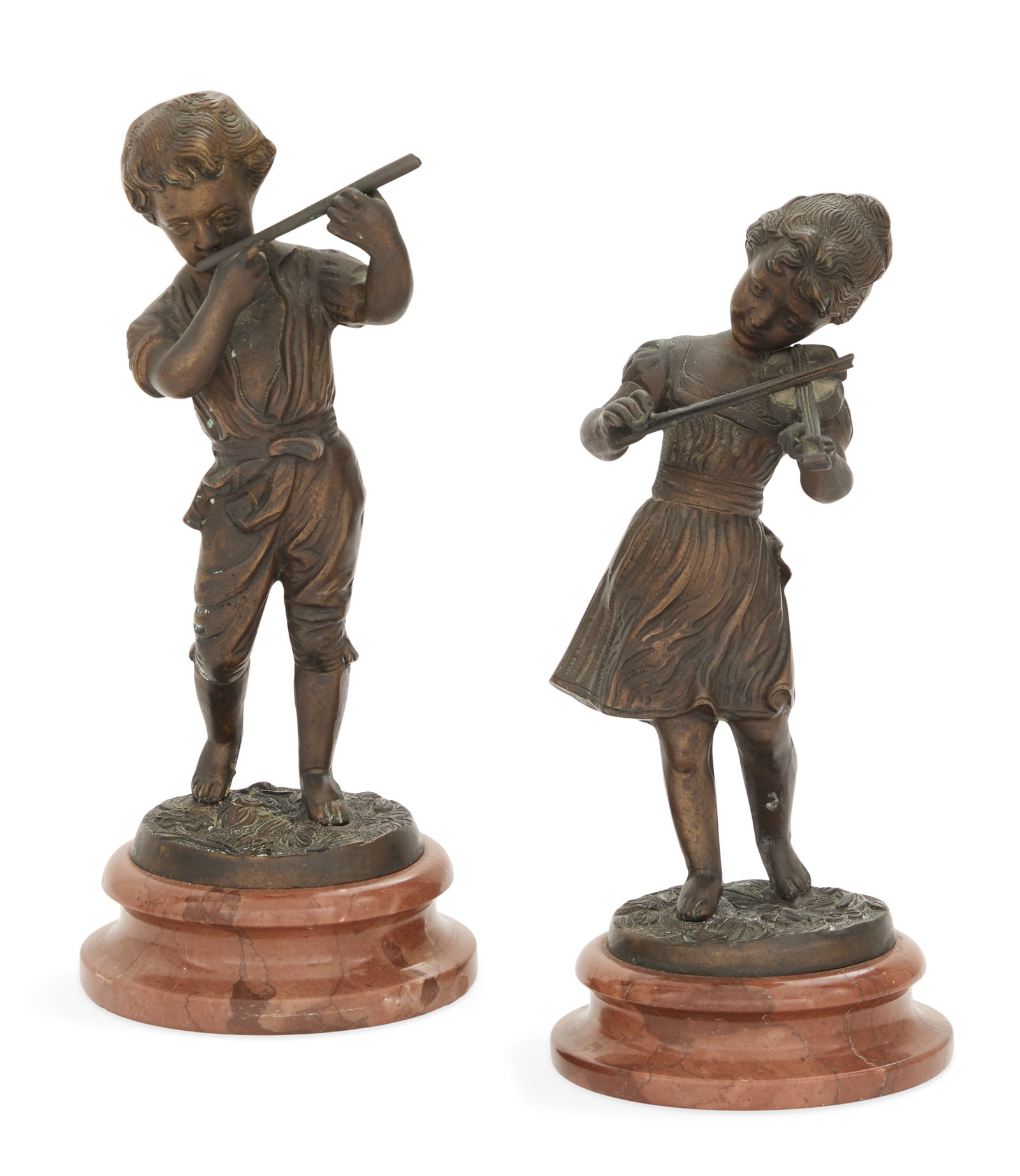 Continental Bronzes of Young Musicians: Continental Patinated Bronzes of "Girl with Violin" and "Boy with Flute" ca. 1900, each on an innate round marble base. each h. 10-1/2", dia. 4-3/4"
