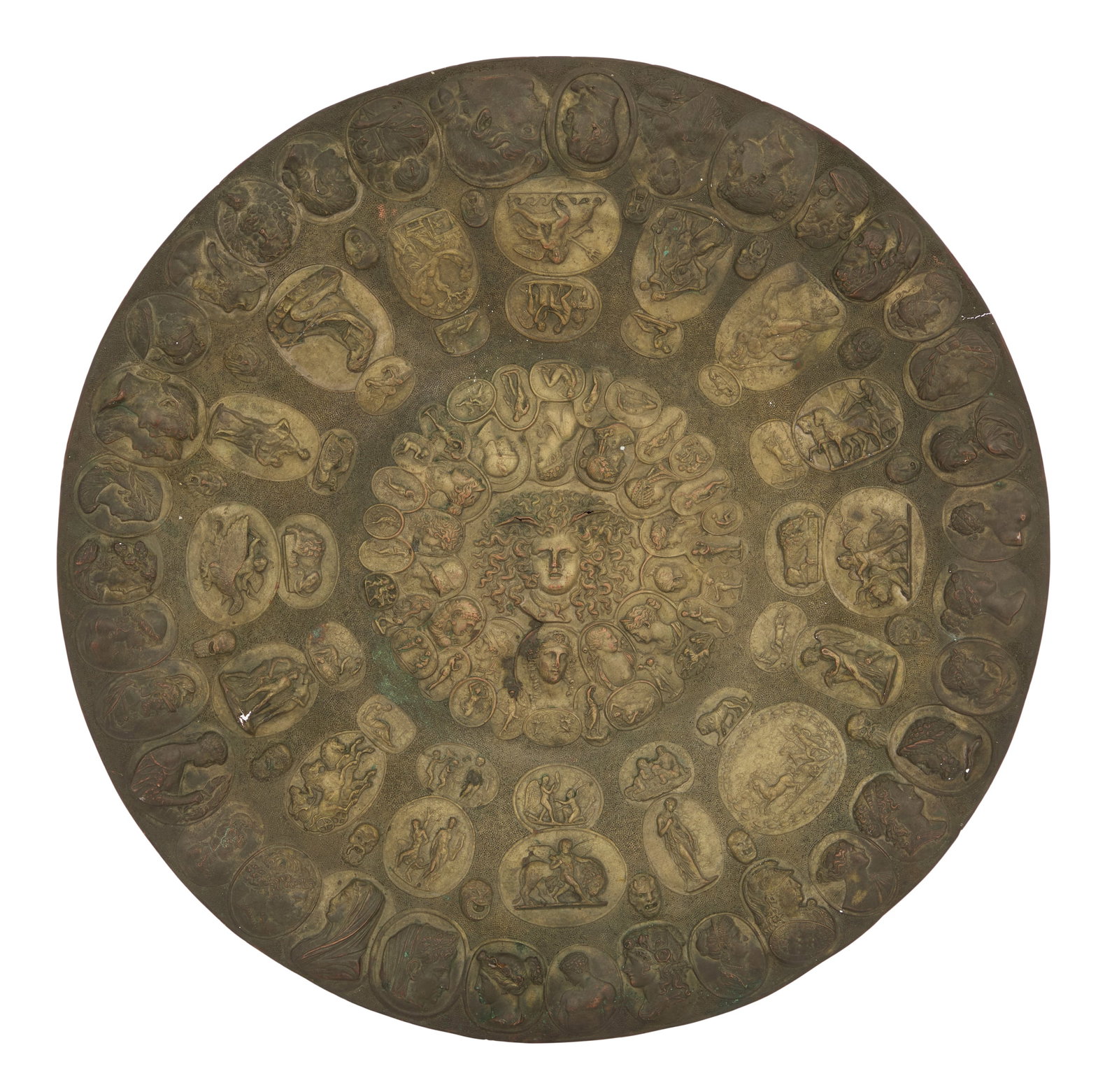 Italian Grand Tour Gilt-Copper Charger: Italian Grand Tour Gilt-Copper Charger 19th century, decorated with a Medusa head in the center, surrounded by a plethora of neoclassical medallions, interspersed with small molded neoclassical
