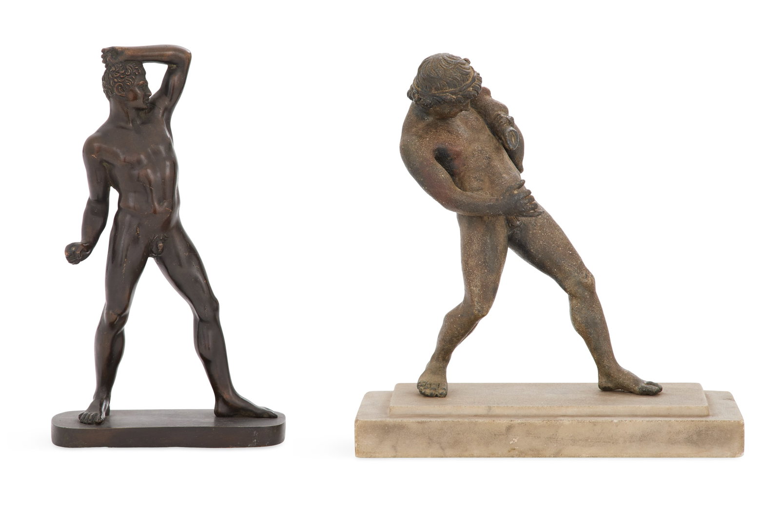 Two Italian Grand Tour Figures: Two Italian Grand Tour Figures ca. 1900, including a patinated bronze example after Antonio Canova's "The Pugilist Creugas" and a patinated metal example after "Faun Carrying a Wineskin". h. 9-1/2",