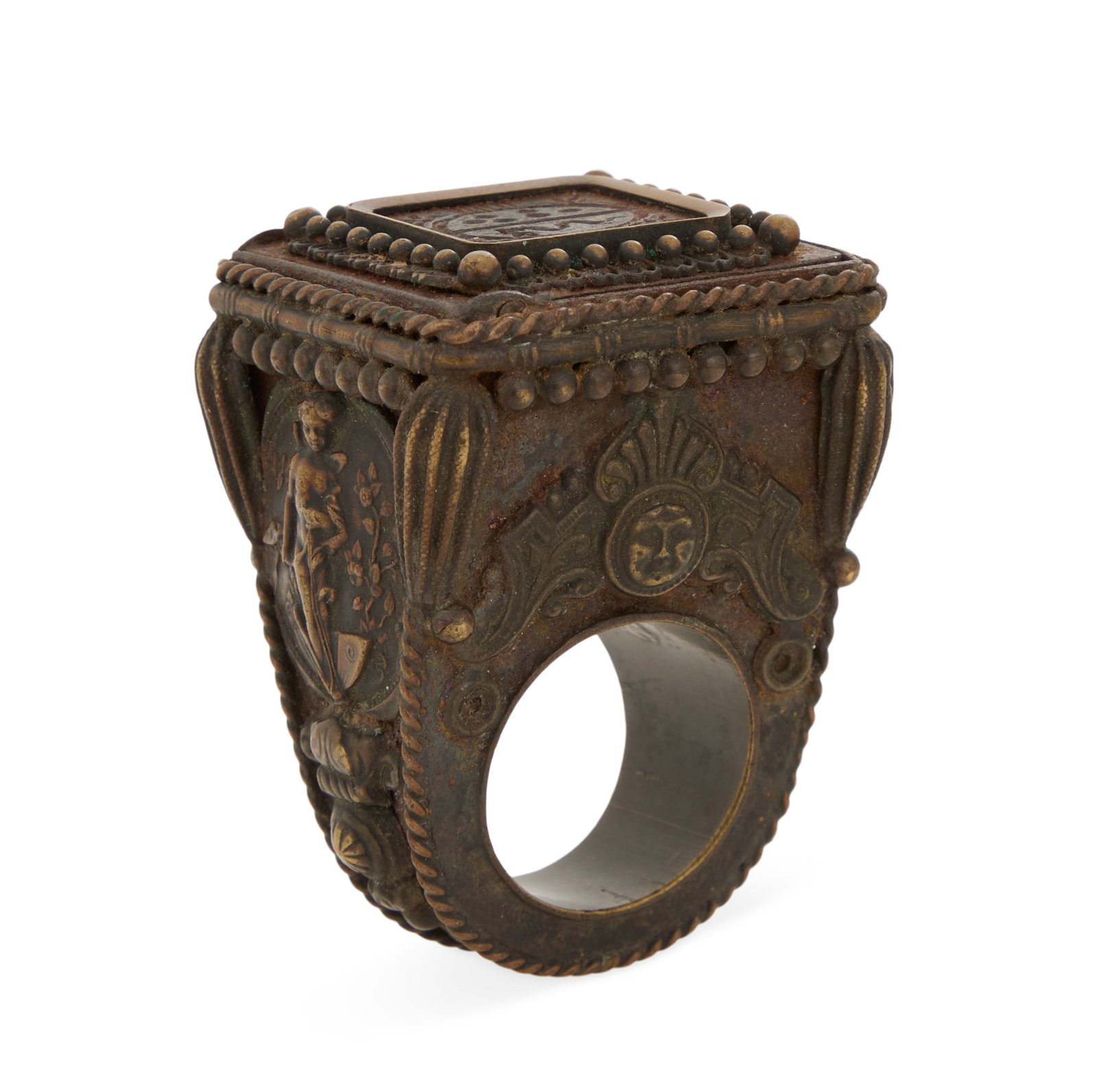 Italian Grand Tour Bronze Papal Ring: Italian Grand Tour Bronze Papal Ring 19th century, the large bold ring with a spiral-turned bezel and a hinged iron cover opening to a velvet-lined compartment, two sides decorated with classical