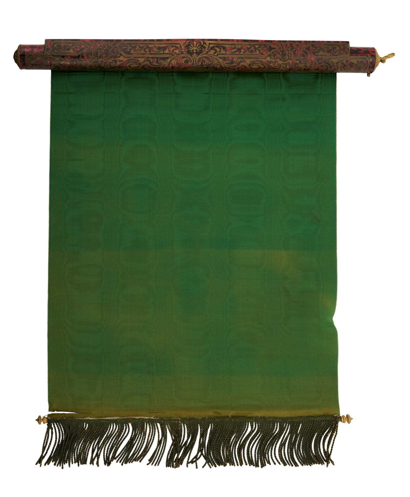 Rare Boulle Work and Silk Window Shade: Rare Boulle Work and Silk Window Shade third quarter 19th century, with a boulle work cylinder inlaid with engraved brass and tortoiseshell, the ends with gilt-bronze medallions, the shade composed