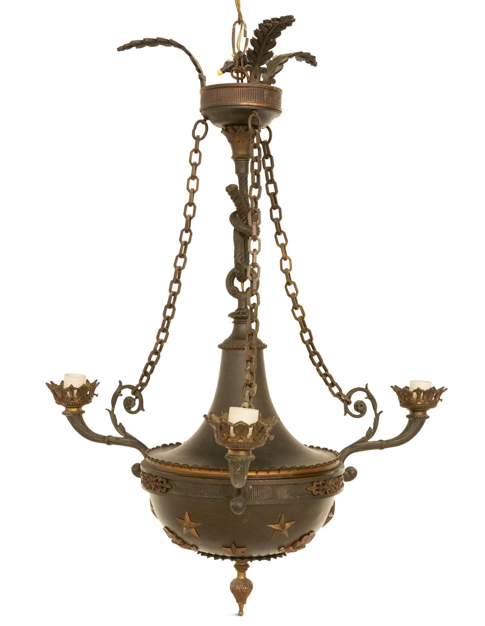 French Patinated Metal and Bronze Chandelier: French Patinated Metal and Bronze Chandelier first quarter 20th century, the three-light chandelier having a lower tank applied with bronze stars and anthemia, and set with cornucopia-form scrolled