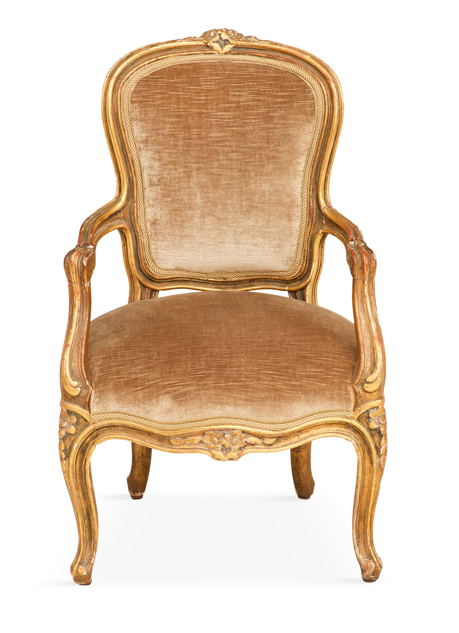 Child's Giltwood Fauteuil: Child's Giltwood Fauteuil early 20th century, the Louis XV-style fauteuil with a molded frame and a floral-carved crest, scrolled hand grips and raised on cabriole legs. h. 27-1/2", w. 18", d. 14"