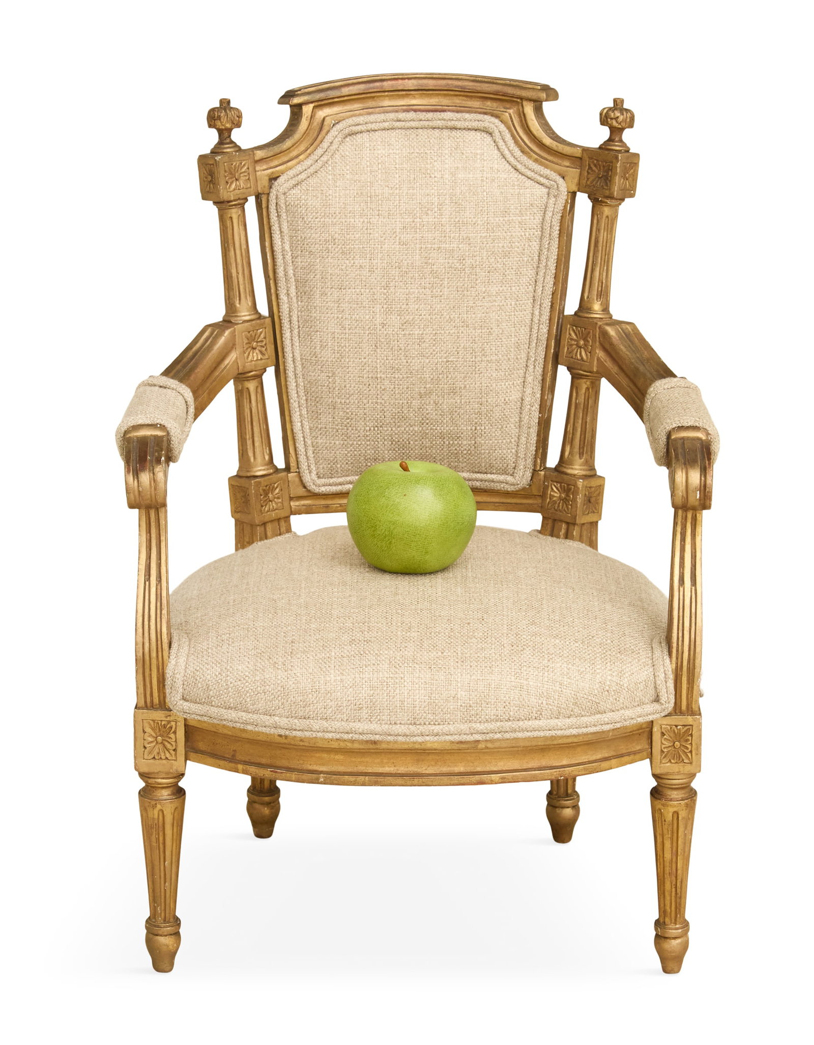 French Giltwood Child's Fauteuil: French Giltwood Child's Fauteuil 20th century, of traditional form with a padded back and seat, raised on fluted legs ending in toupie feet. h. 19", seat h. 9", w. 14-1/2", d. 12"