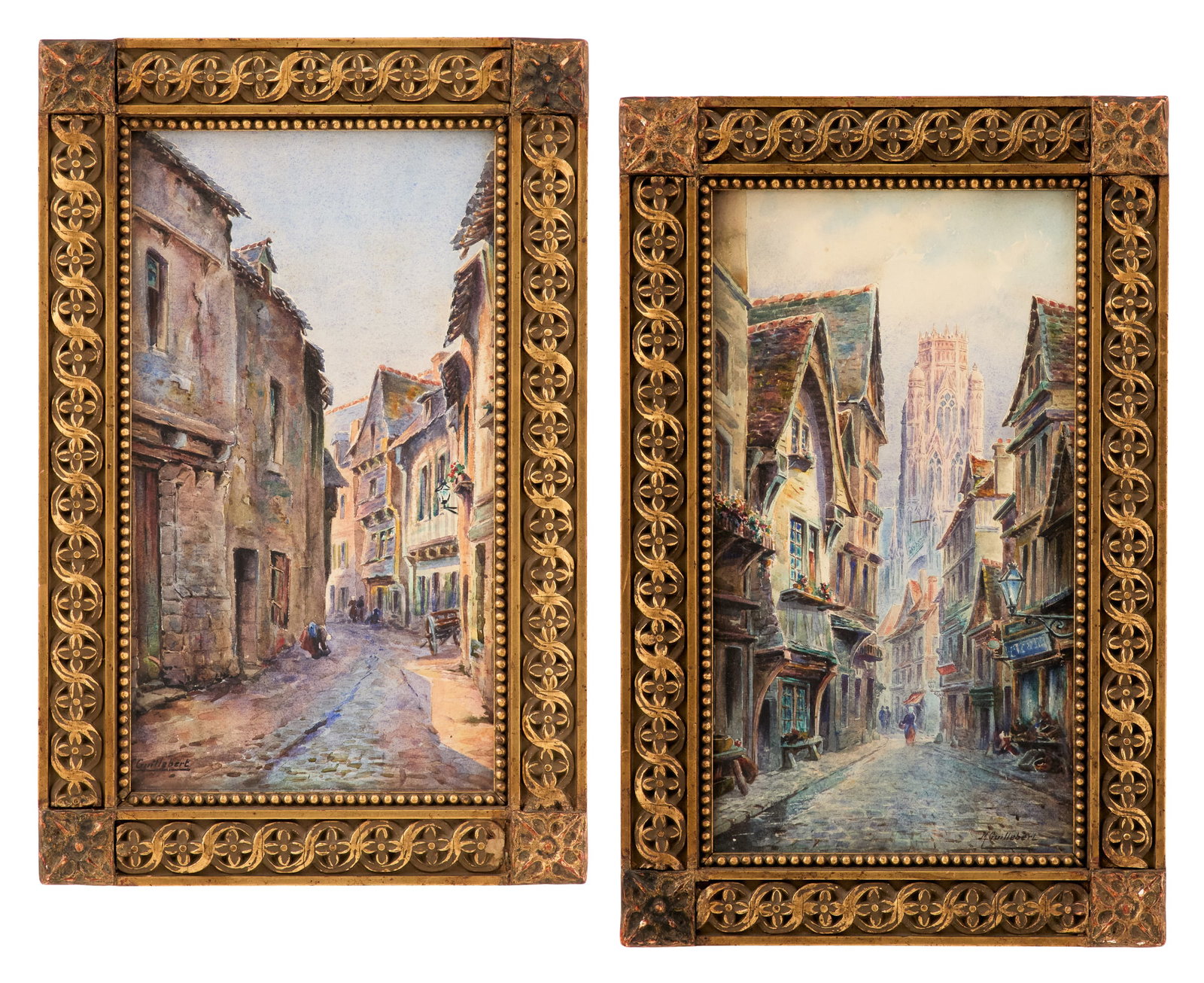 M. Guillebert (French, 20th Century): M. Guillebert (French, 20th Century) "Ruelles dans le Village" pair of watercolors on paper one signed lower left and one signed lower right. Glazed and framed alike. each sight 14-1/2" x 8-1/4",