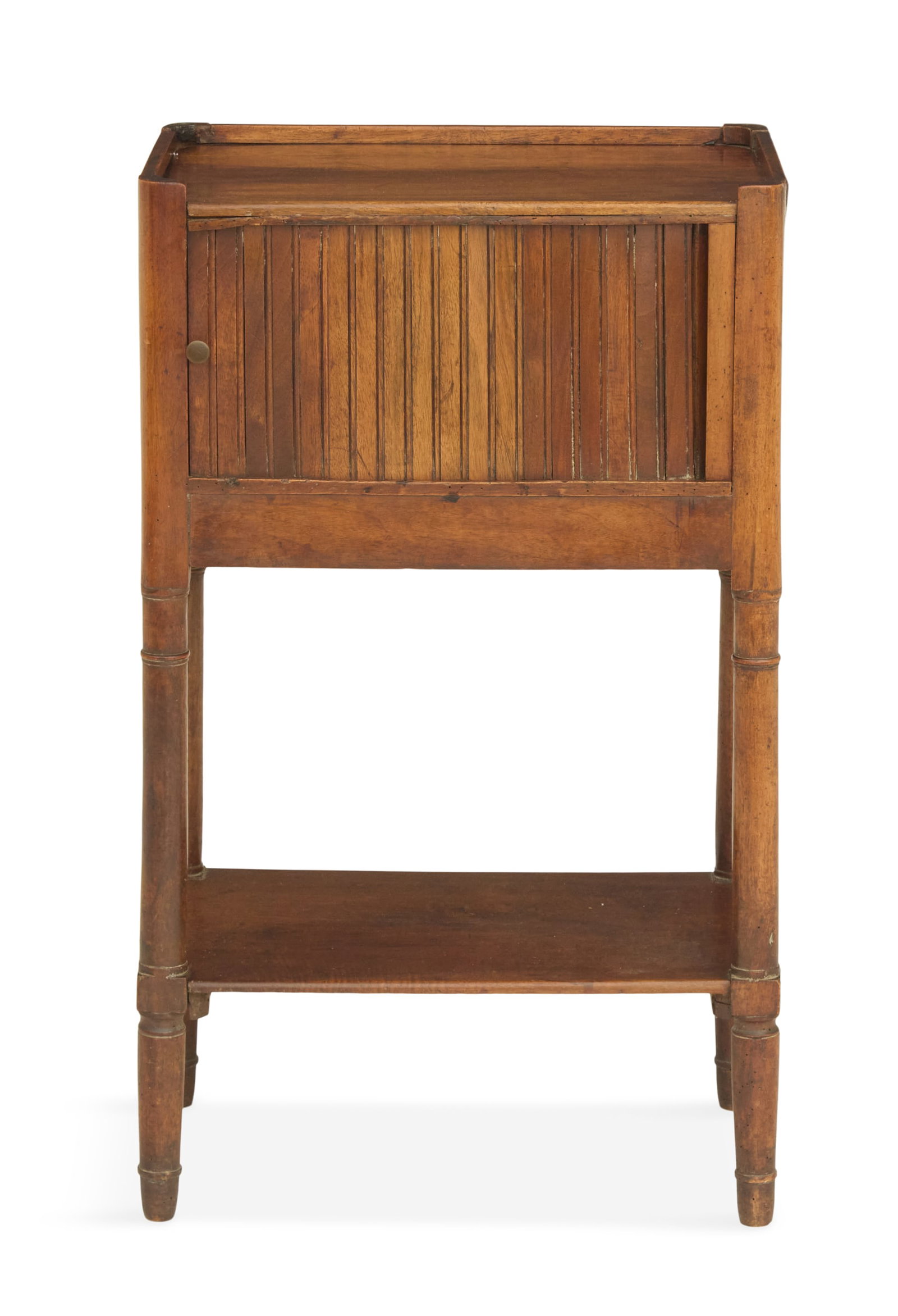 French Provincial Walnut Side Table: French Provincial Walnut Side Table 18th century, the top with a shallow three-quarter gallery, the front fitted with a tambour roll door, raised on turned legs. h. 30", w. 17-1/2", d. 12"