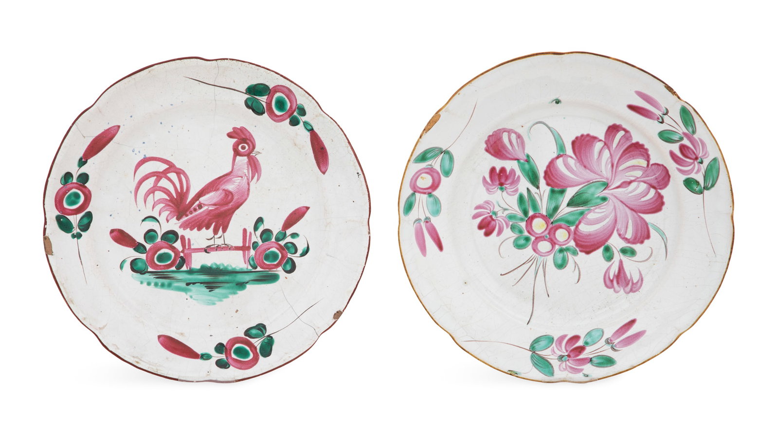 Two French Faience Plates: Two French Faience Plates fourth quarter 18th century, one decorated with a cockerel on a fence and the other with a bouquet of flowers. dia. 9" Provenance: Kevin Stone Antiques, The Collection of Kev