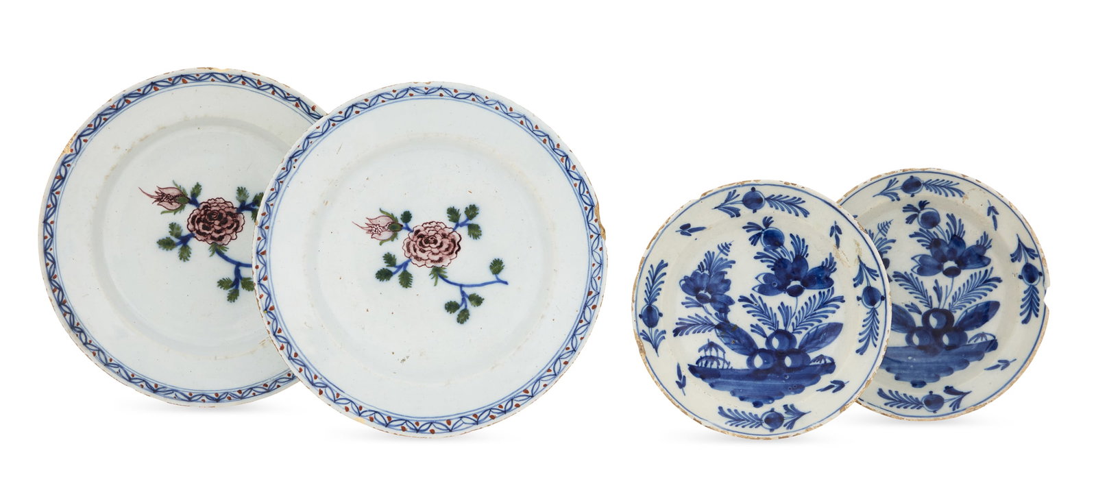 Two Pairs of English Tin-Glazed Pottery Plates: Two Pairs of English Tin-Glazed Pottery Plates 18th century, Liverpool or Bristol, the larger pair with manganese and green flowers, dia. 8-3/4", and the smaller pair decorated with cobalt flowers, Sp