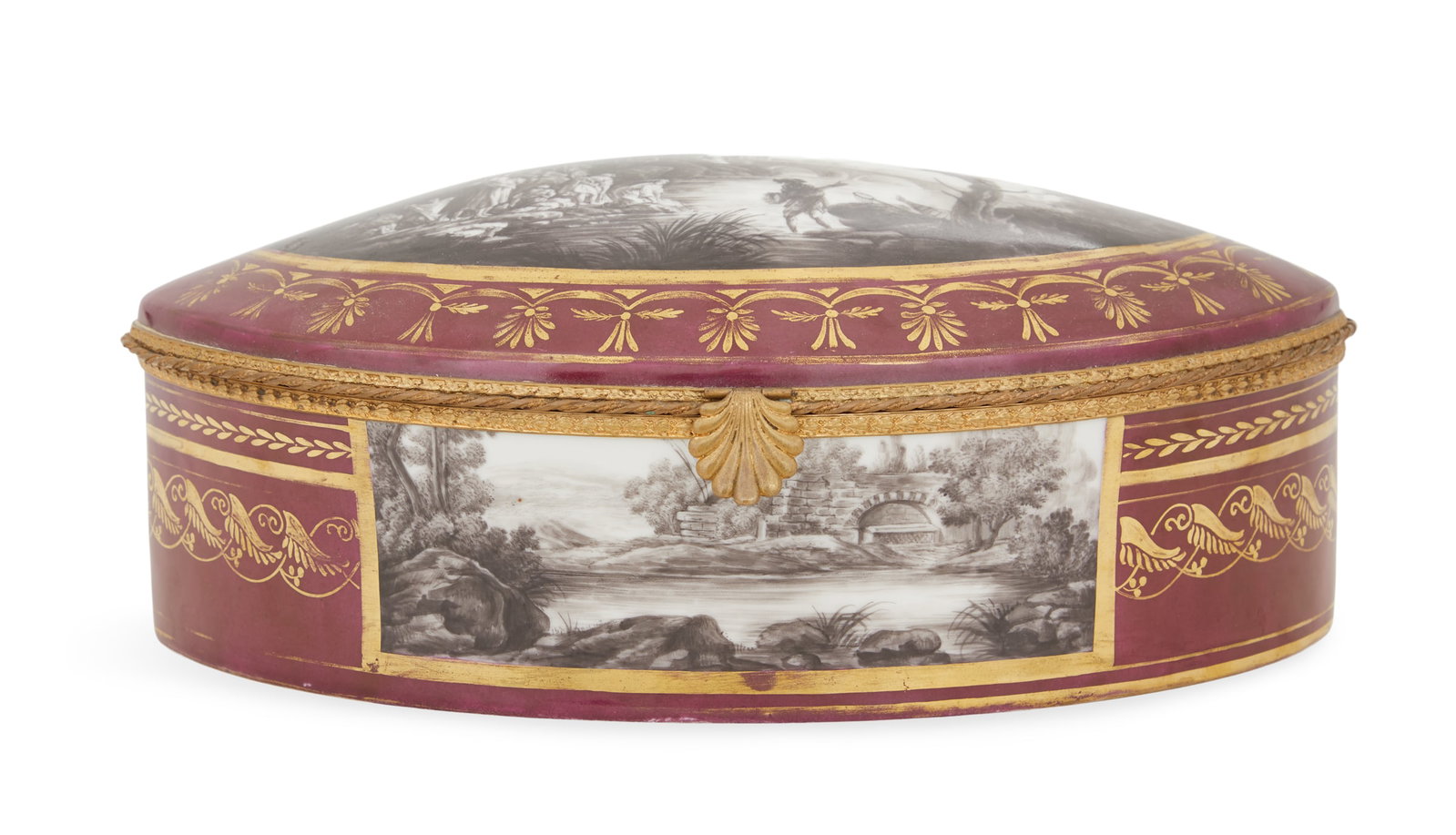 Large Porcelain Navette-Form Box: Large Porcelain Navette-Form Box ca. 1900, probably Limoges, hand-painted en grisaille with landscapes on a claret ground, decorated with gilt anthemia and scrollwork, with a molded gilt-bronze bezel 