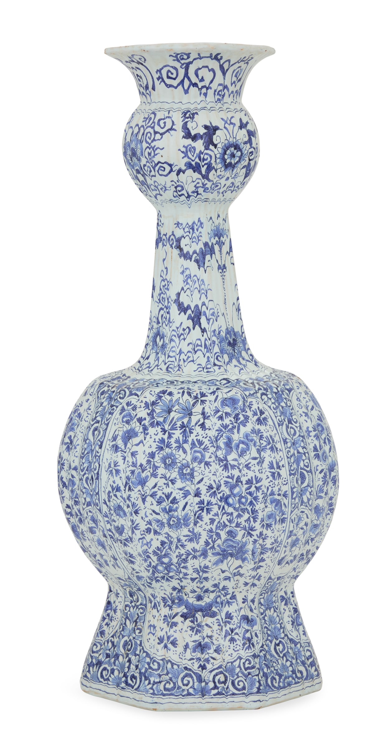 Dutch Delft Pottery Vase: Dutch Delft Pottery Vase 19th century, the octagonal blue-and-white fluted vase decorated in the millefiori pattern, the base with a spurious "Klau" mark. h. 24-1/4", dia. 8-3/4" Provenance: Kevin Sto