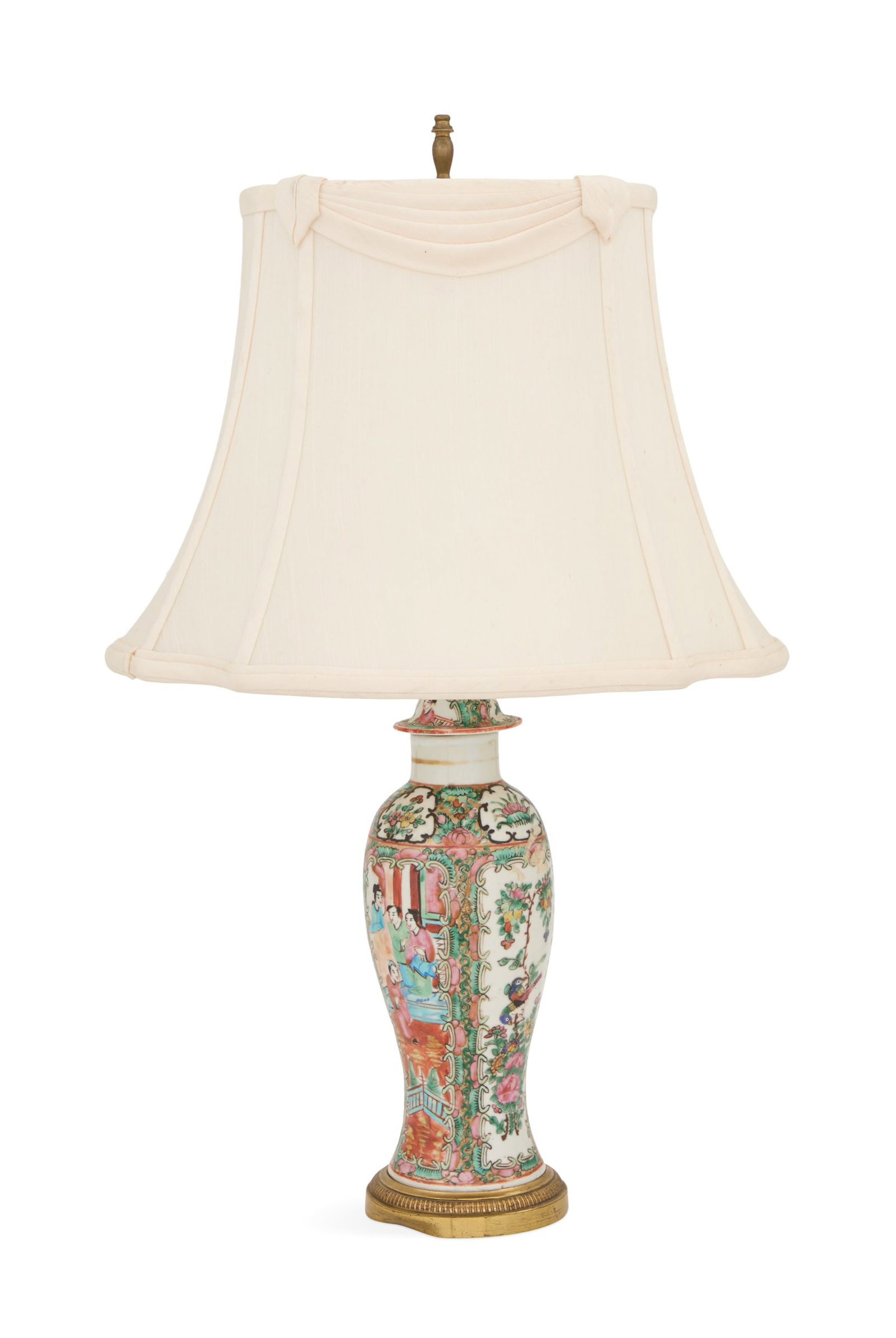 Rose Medallion Porcelain Urn: Rose Medallion Porcelain Urn ca. 1900, now mounted as a lamp, the vasiform covered urn with panels of mandarin figures and peonies and birds, on a reeded brass base, fitted with a lampshade. h. 21-1/2
