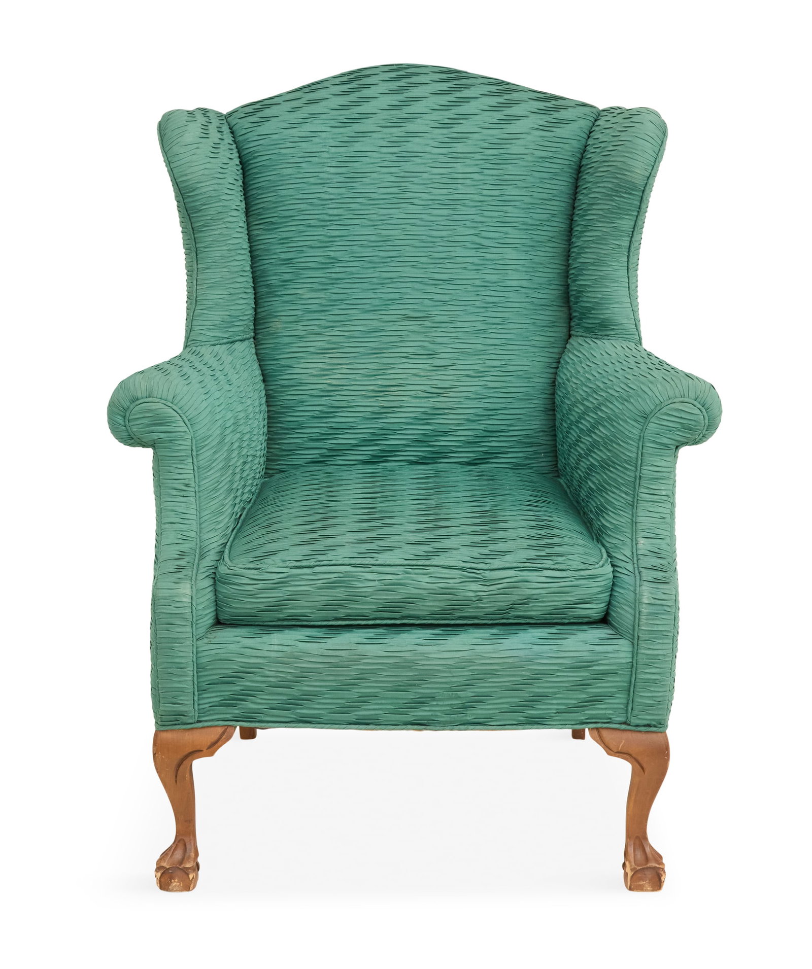 George III-Style Wing Chair: George III-Style Wing Chair 20th century, of traditional form with out-scrolled arms and reversible loose seat cushion, raised on cabriole legs ending in ball-and-claw feet. h. 40", seat h. 19", w. 32