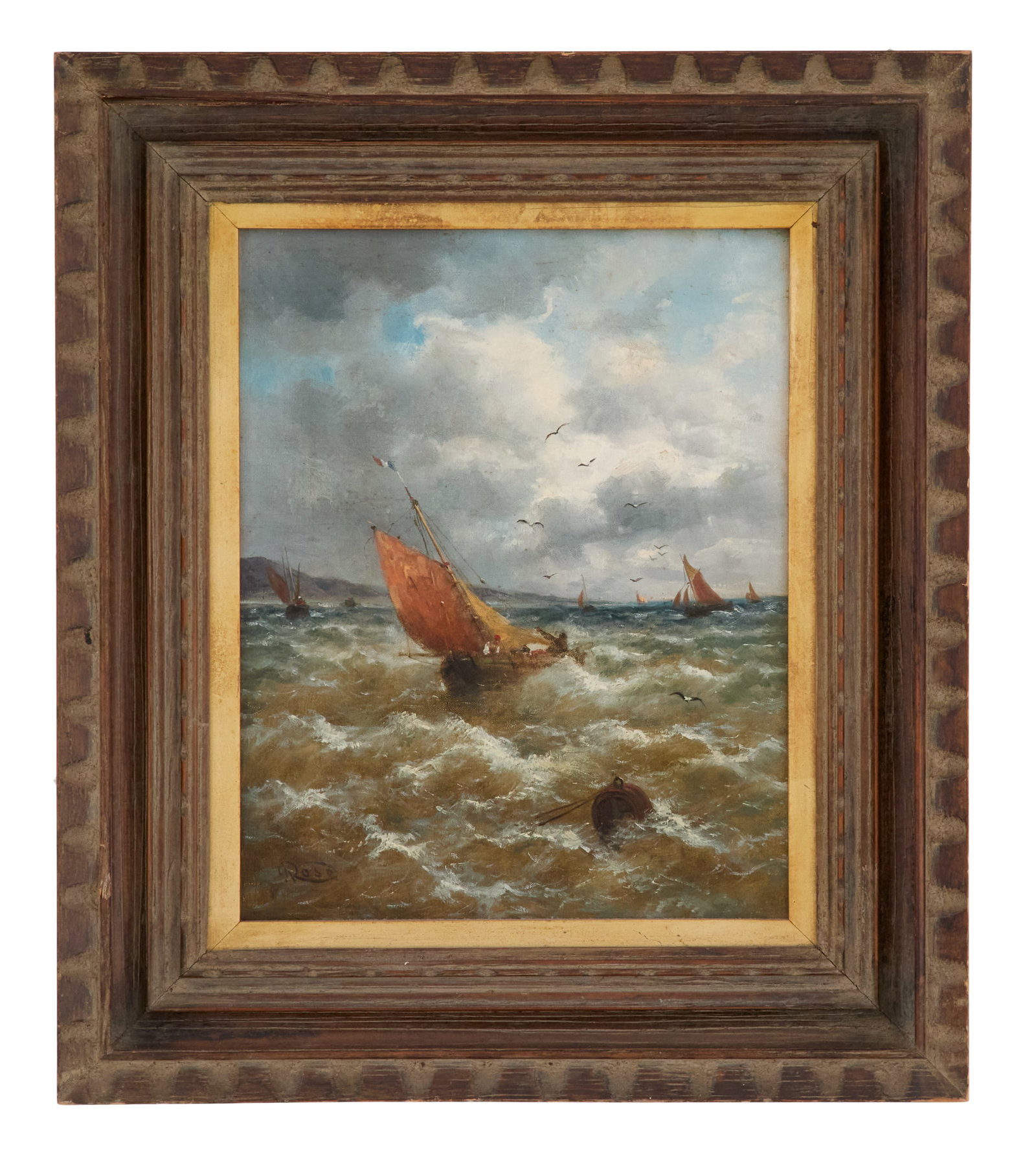 Julius Karl Rose (German/New York, 1828-1911): Julius Karl Rose (German/New York, 1828-1911) "Ships on Stormy Seas" oil on canvas signed lower left. Framed. 15-3/4" x 12-1/2", framed 22-1/2" x 19-1/2"