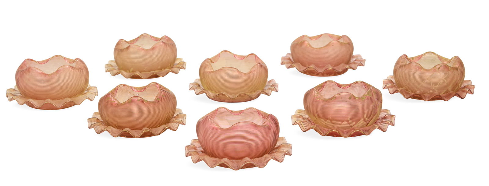 Eight Stevens & Williams Glass Finger Bowls: Set of Eight Stevens & Williams Threaded Glass Finger Bowls and Underplates late 19th century, the ruffled bowls and plates in pink shaded to gold, with polished pontil marks. h. 3", dia. 6"