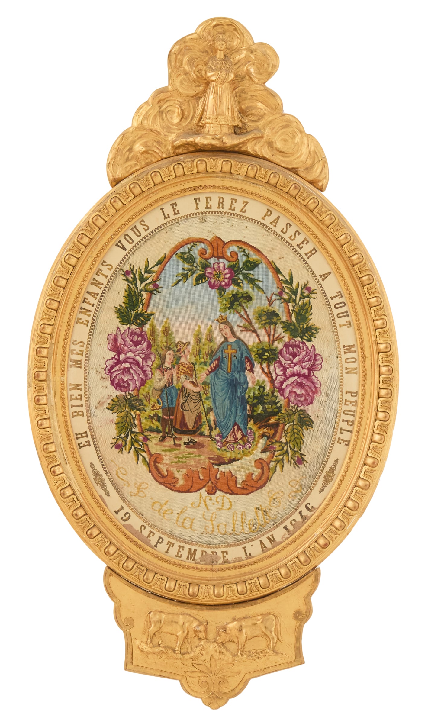 French Religious Needlework Picture: French Religious Needlework Picture mid-19th century, of the "Vision of Our Lady of Salette", with a gilt paper border which translates to "Well my children, you will pass it on to all my people" and 