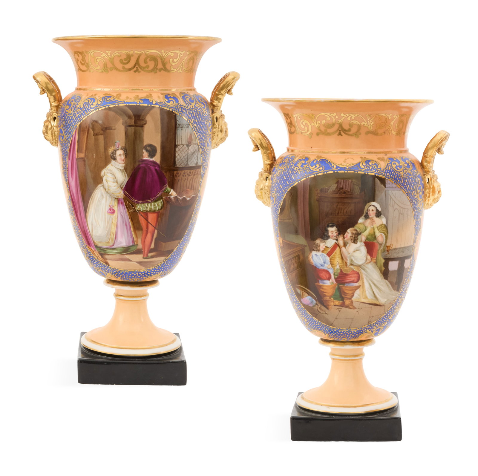 Pair of French Porcelain Urns: Pair of French Porcelain Urns 19th century, attributed to Jacob Petit, the urns decorated with panels of royalty in 17th-century costume, the panels and the back with mazarin blue and raised gilt trim