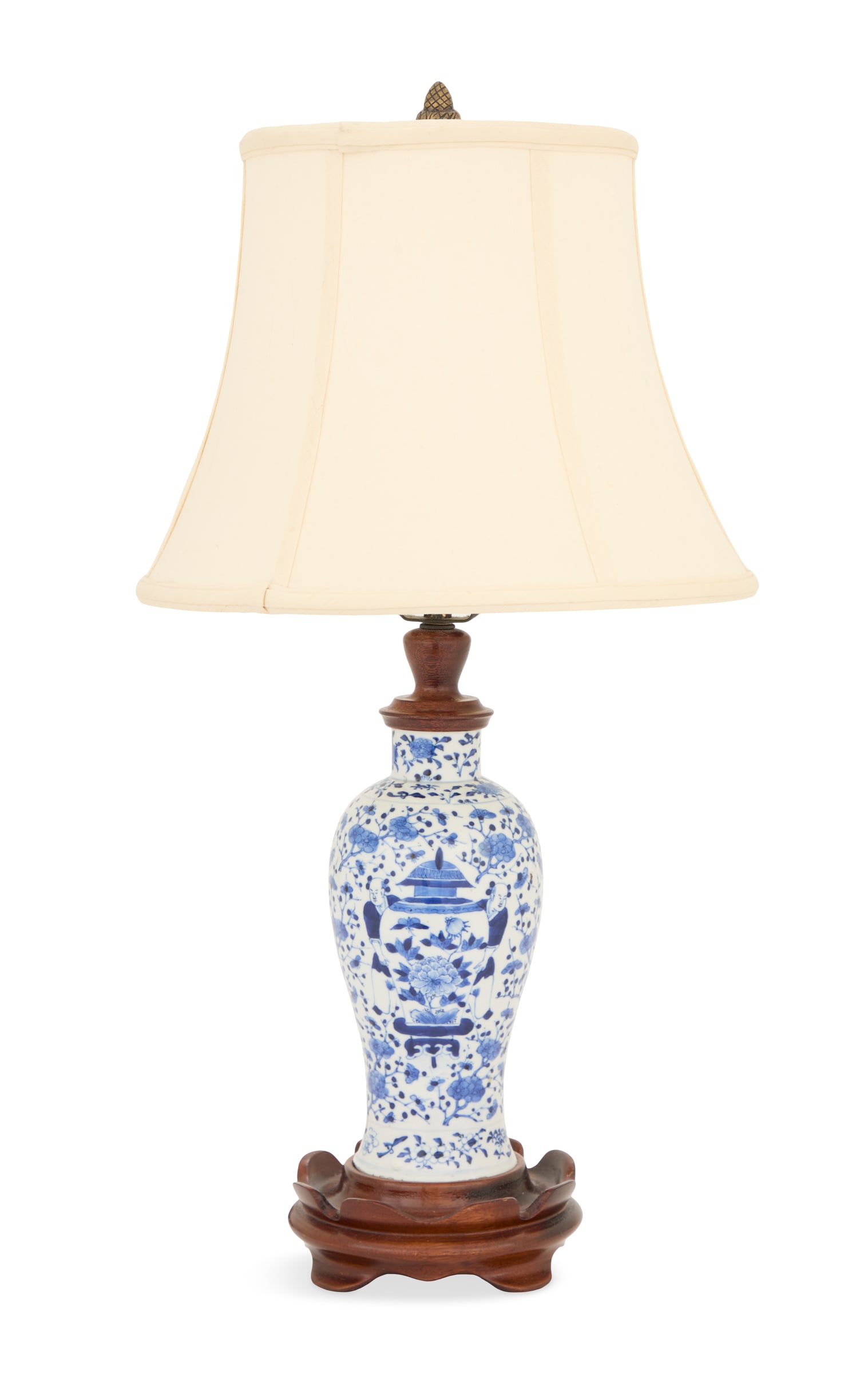 Chinese Qing Dynasty Vase Lamp: Chinese Qing Dynasty Vase Lamp ca. 1644-1912, the blue-and-white vase decorated with two figures supporting a large ginger jar, with wooden fittings and mounted with a lampshade. h. 22-3/4", dia. 11-3