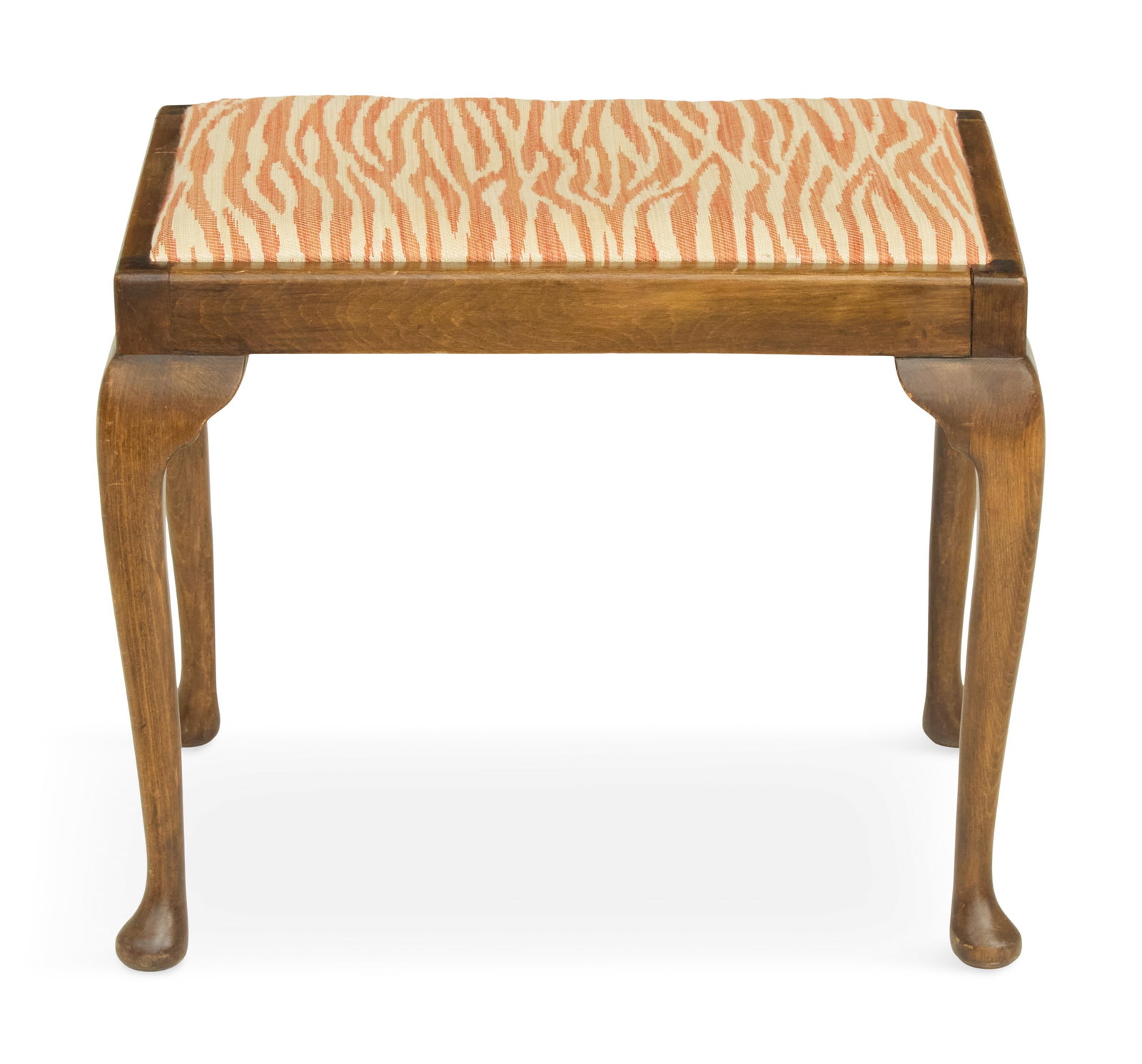 Queen Anne-Style Stained Maple Bench: Queen Anne-Style Stained Maple Bench 20th century, with a padded slip seat and raised on Queen Anne-form cabriole legs. h. 17-1/2", w. 21", d. 16" Provenance: The collection of Deborah & Eli Tullis, N