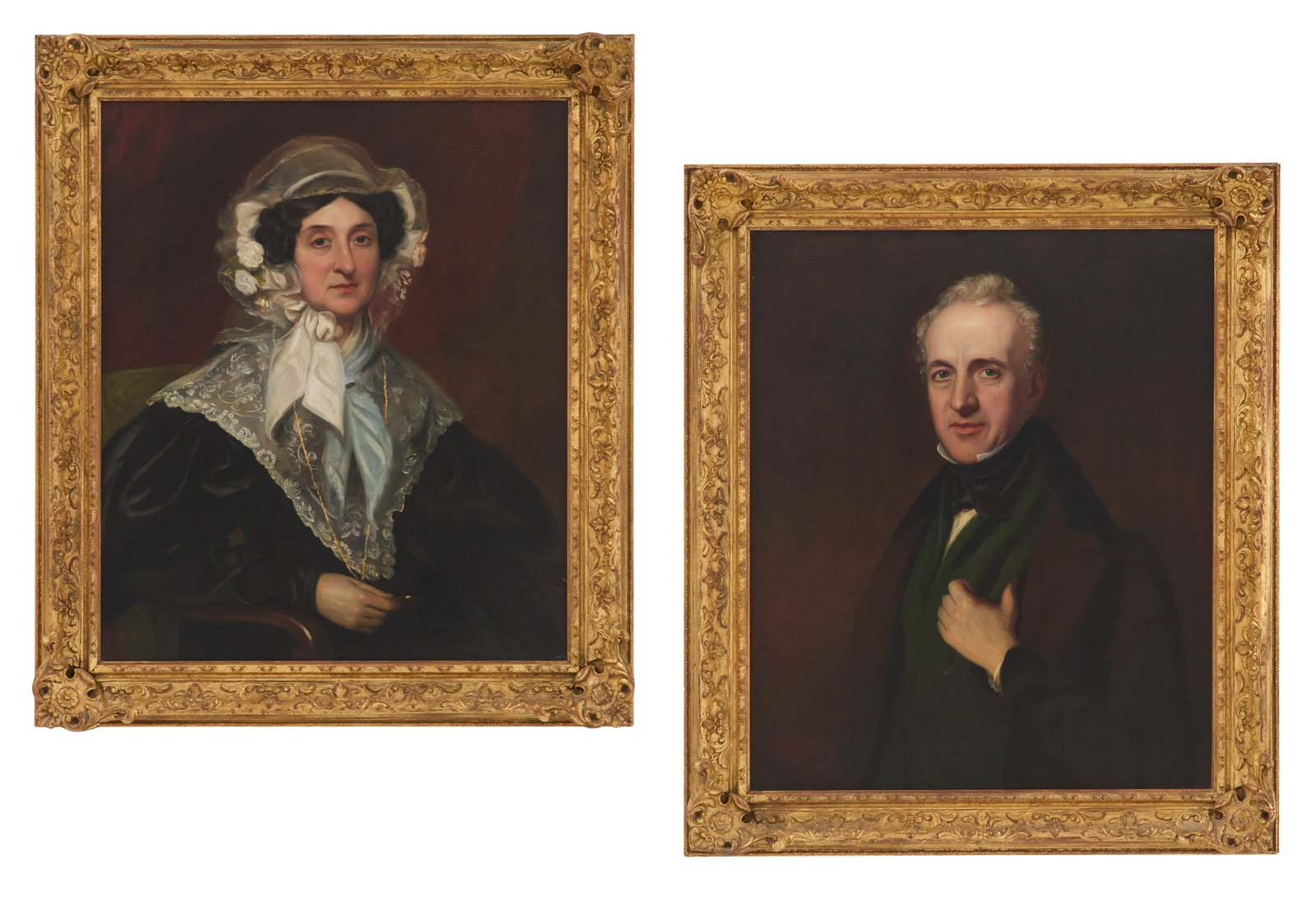 T. B. Thompson (British, 19th Century): T. B. Thompson (British, 19th Century) "Pair of Portraits of a Husband and Wife", 1834 two oils on canvas inscribed. Framed alike. each 30" x 25", framed 36" x 31"