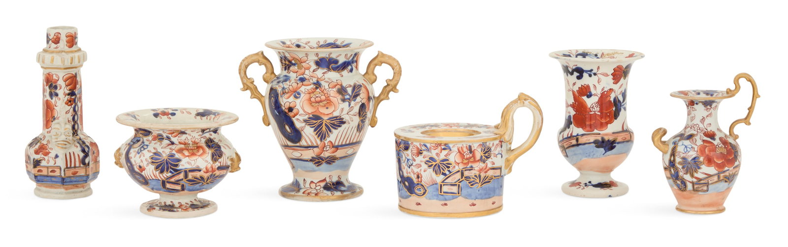 Collection of Six Pieces of Mason's Ironstone: Collection of Six Pieces of Mason's Ironstone early 19th century, in the Imari palette, the collection including: one bottle vase, possibly a cruet bottle, unsigned, h. 6", dia. 2-1/4"; one vase with 