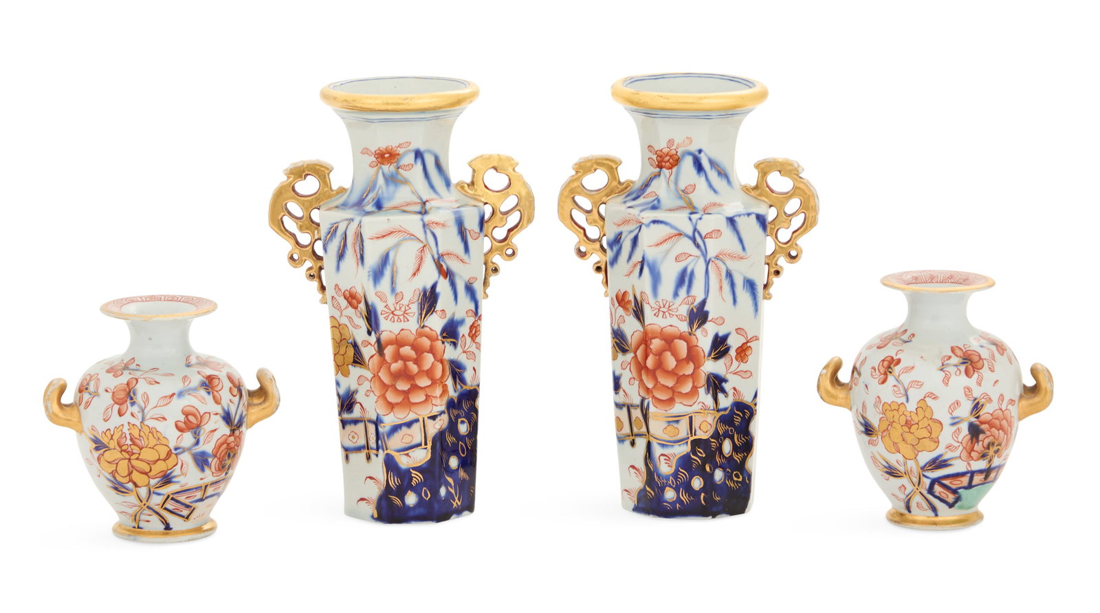 Two Pairs of English Mason's Ironstone Vases: Two Pairs of English Mason's Ironstone Vases early 19th century, each pair decorated in the Imari palette and trimmed in gilt, including a pair of faceted vases with pierced "Chinese" handles, h. 7", 