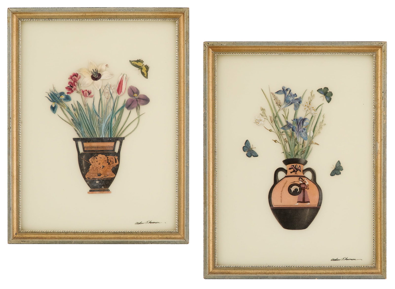 Pair of Hollywood Regency Collages: Pair of Hollywood Regency Collages third quarter 20th century, the cut-paper floral bouquets in Grecian urns, assembled and secured within giltwood frames, signed "Alden Thomson" on the bottom right,