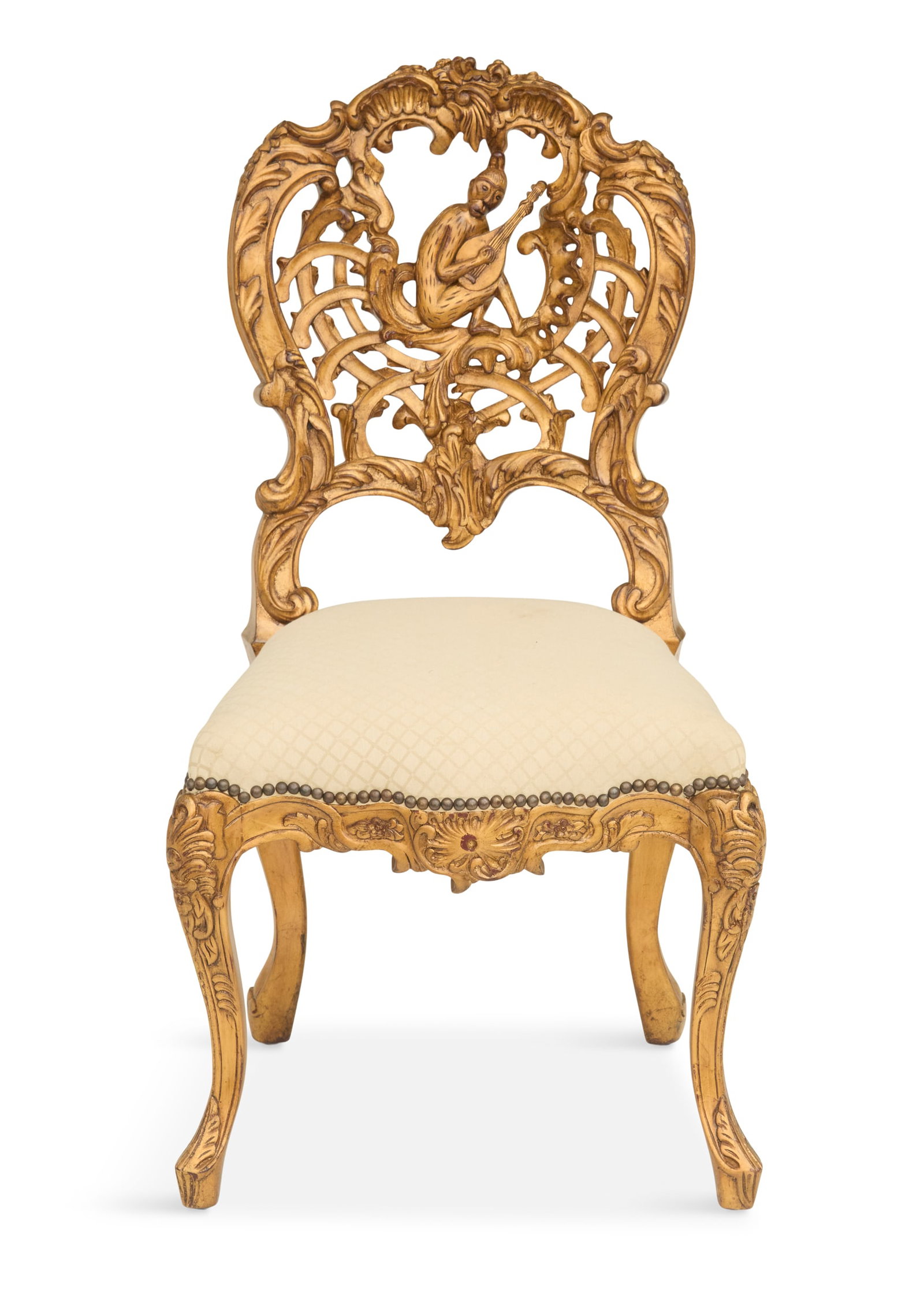 French Giltwood Side Chair: French Heritage Maison Beaulieu Concerto Giltwood Side Chair attributed to Jonathan Charles, the elaborately pierced and carved back centered by a monkey playing a mandolin, with a padded seat and rai