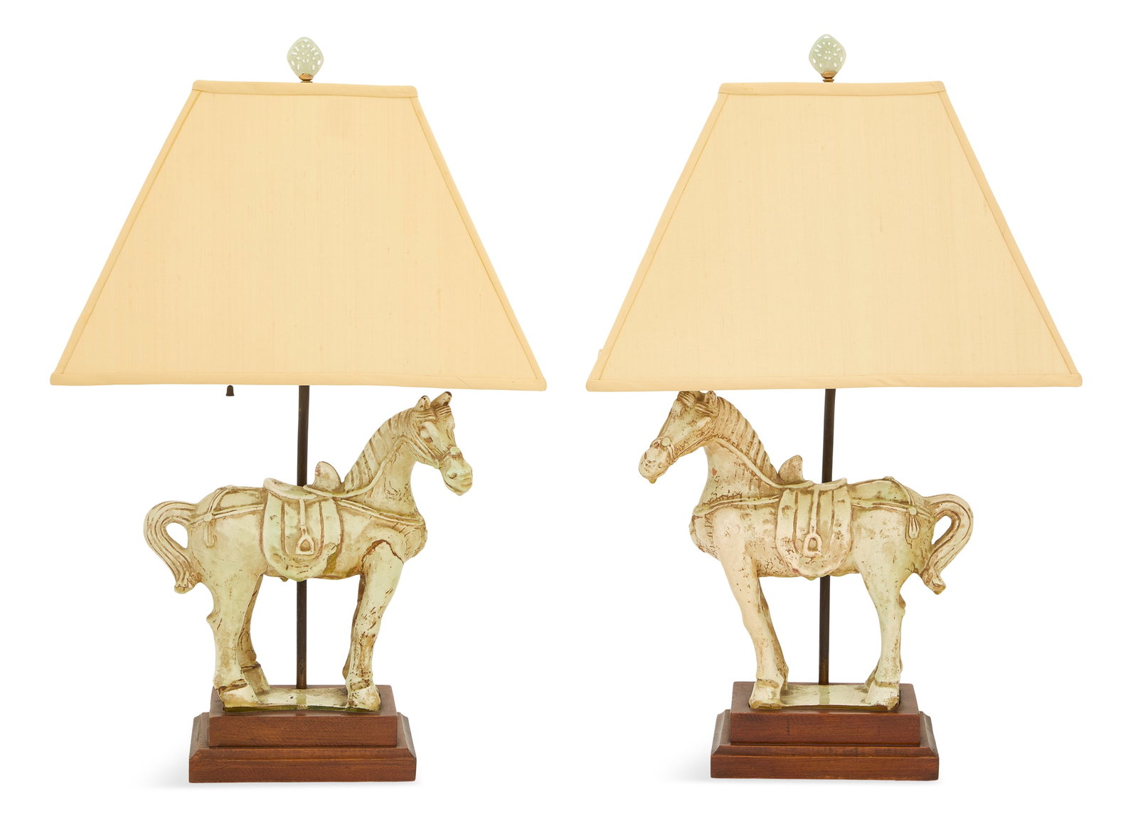 Pair of Glazed Pottery Horse Lamps: Pair of Glazed Pottery Horse Lamps 20th century, the horses mounted on stepped wooden bases, set with lamp fittings and shades. h. 25-1/2", w. 16", d. 9" Provenance: The Collection of Clarence G. Ochs