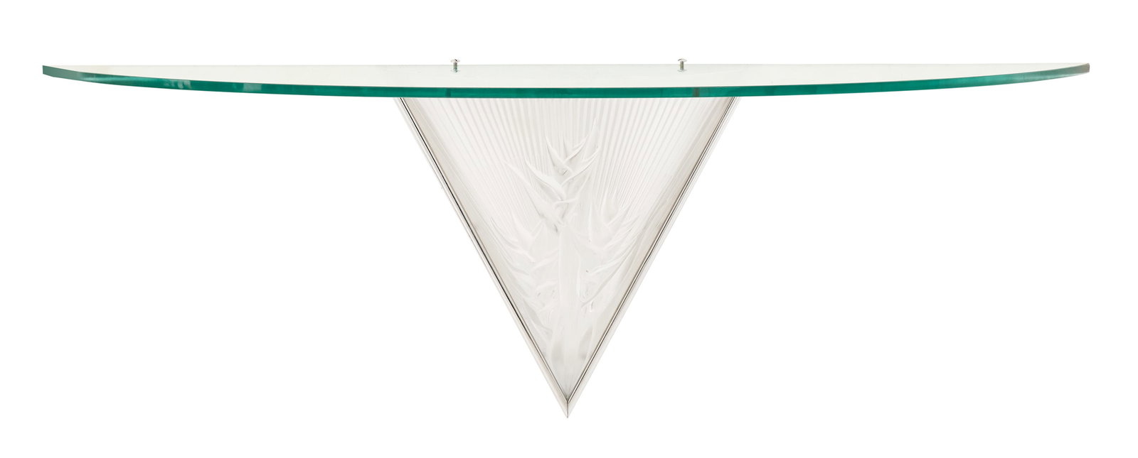 Lalique Heliconia Sconce/Shelf: Lalique Heliconia Sconce/Shelf designed by Marie-Claude Lalique, the V-shaped sconce decorated with molded heliconia, with chrome fittings and a cover, signed "Lalique, France", now mounted with a