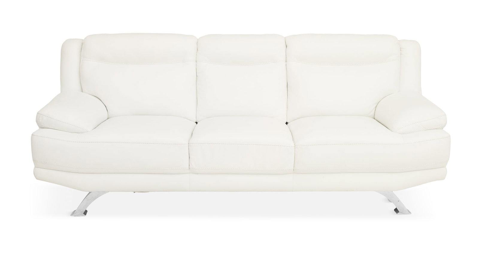 Italian White Leather and Chrome Sofa: Italian White Leather and Chrome Sofa contemporary, the back and seat with three integral cushions and the arms with padded elbow rests, raised on out-curved chrome legs. h. 37", seat h. 19", w. 89",
