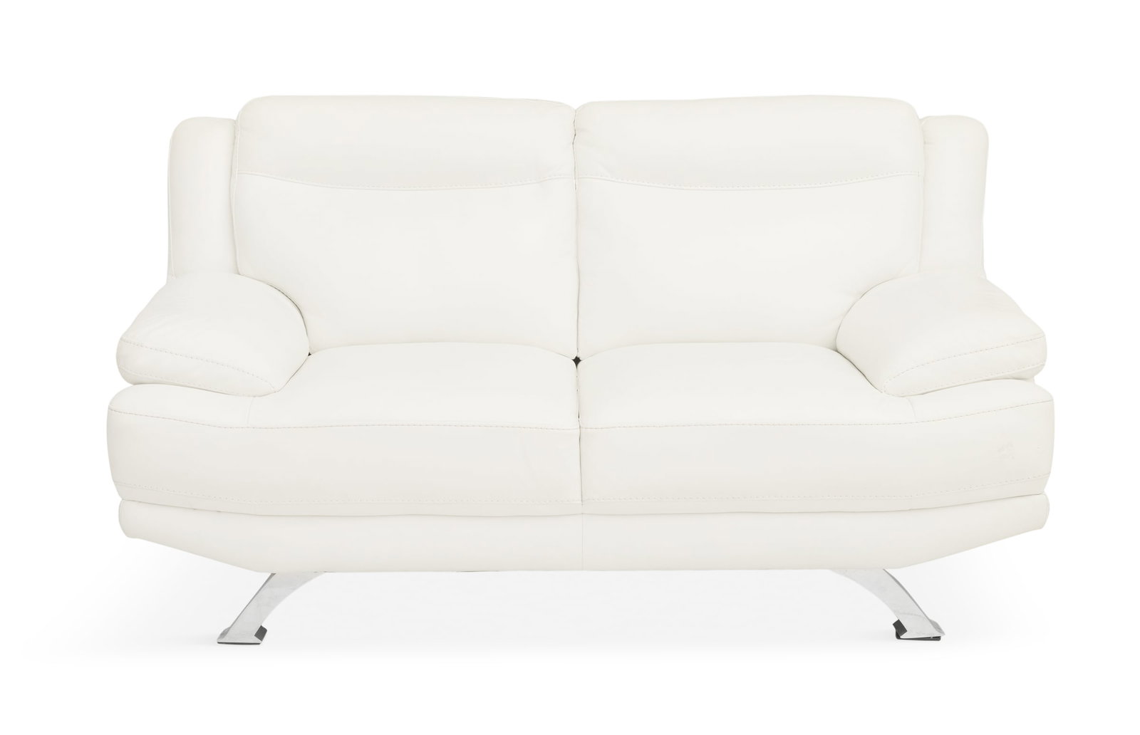 Italian White Leather and Chrome Settee: Italian White Leather and Chrome Settee contemporary, the back and seat with two integral cushions and the arms with padded elbow rests, raised on out-curved chrome legs. h. 38", seat h. 18-1/2", w.
