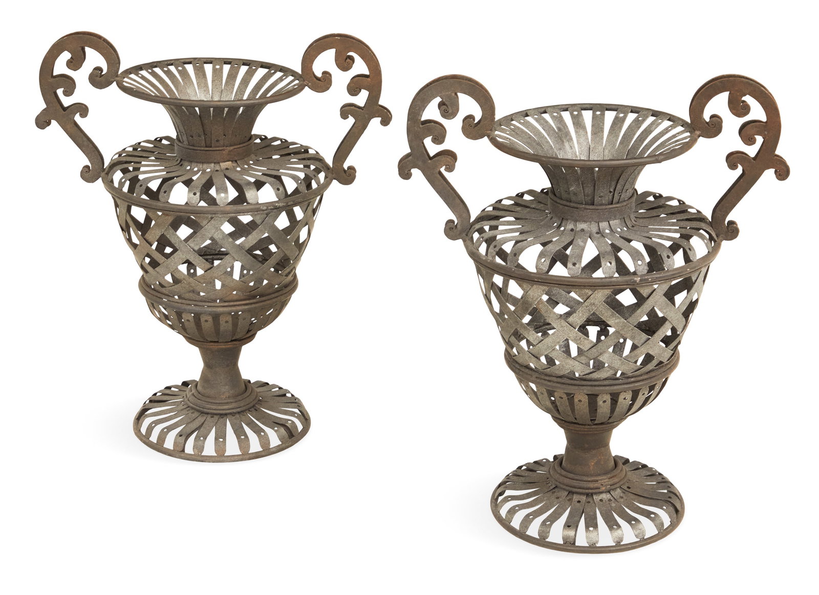 Pair of French Metal Strapwork Two-Handled Urns: Pair of French Metal Strapwork Two-Handled Urns 20th century, composed entirely of pierced strapwork, with flared rims, the bodies with pierced latticework, set with scrolled handles. h. 27-1/2", w.