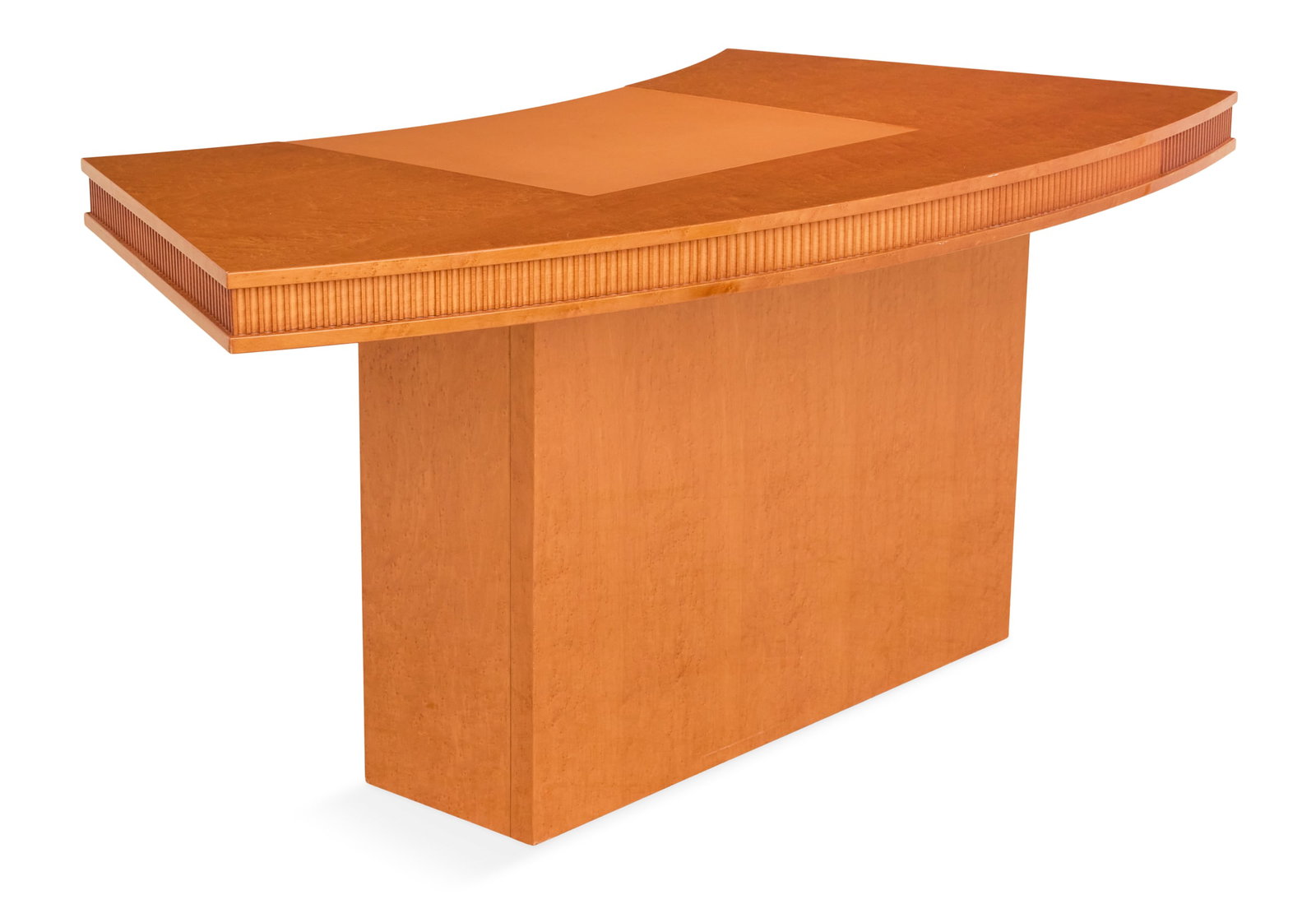Art Deco-Style Bird's-Eye Maple Writing Desk: Art Deco-Style Bird's-Eye Maple Writing Desk of curved form, the top with an inset leather blotter, with a fluted frieze below the deck, mounted to an L-shaped pedestal base. h. 29-1/2", w. 73", d. 33